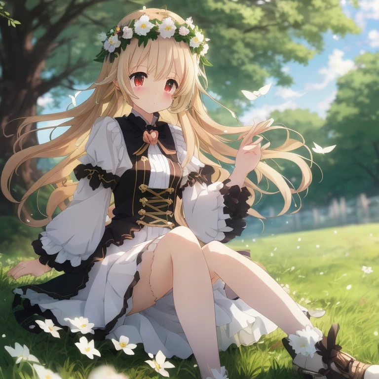 Anime girl sitting in the grass with a flower crown on her head, Cute anime waifu in a nice dress, loli in dress, a maid in a magical forest, Anime visuals of cute girls, Beautiful maiden, a sexy maid in a magical forest, blonde anime girl with long hair, guweiz on pixiv artstation, Beautiful anime girl, anime goddess