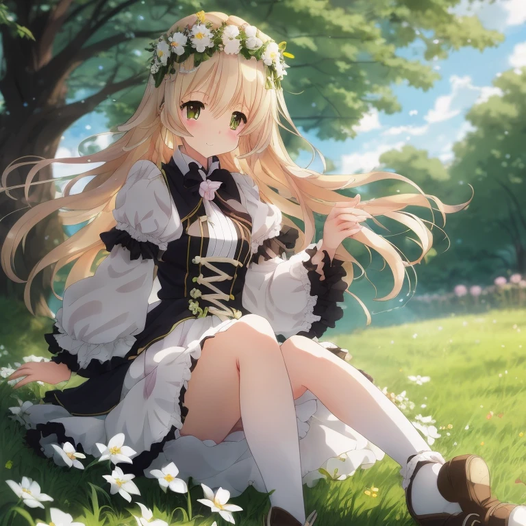 Anime girl sitting in the grass with a flower crown on her head, Cute anime waifu in a nice dress, loli in dress, a maid in a magical forest, Anime visuals of cute girls, Beautiful maiden, a sexy maid in a magical forest, blonde anime girl with long hair, guweiz on pixiv artstation, Beautiful anime girl, anime goddess