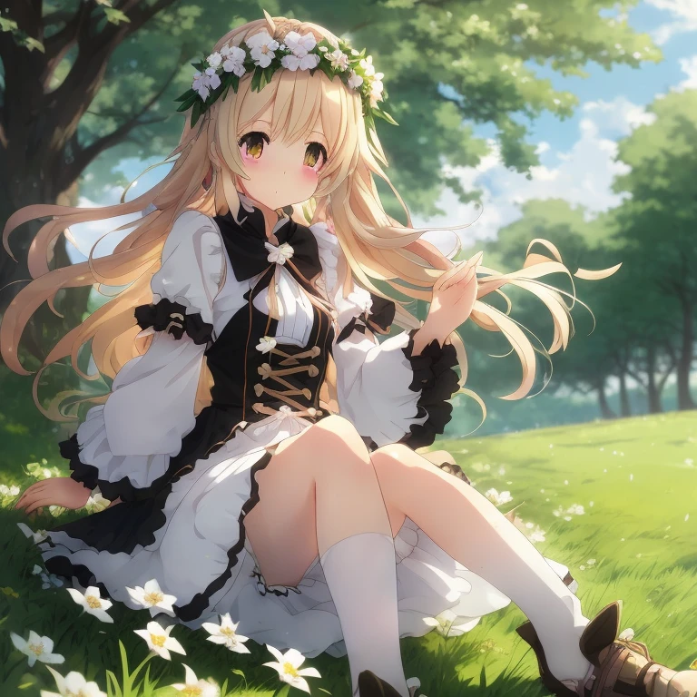 Anime girl sitting in the grass with a flower crown on her head, Cute anime waifu in a nice dress, in dress, a maid in a magical forest, Anime visuals of cute girls, Beautiful maiden, a sexy maid in a magical forest, blonde anime girl with long hair, guweiz on pixiv artstation, Beautiful anime girl, anime goddess