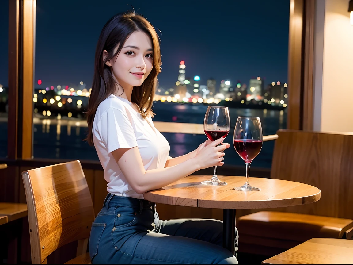 (64K, UHD, top quality, masterpiece: 1.2), (realistic, photorealistic: 1.37), super detailed, pretty woman 1, (slim face), (slim body), (brown hair), (short cut), cheeks slightly blushing, (40 years old), 38 years old, solo, beautiful detailed urban night view outside the window, restaurant, wine glass sitting, at night, in a prominent place (from the waist up) NovaFrogStyle, Actress, Model, Waist Up, White Wine, Slim, Wine Glass, Super Clean Night View, Wine Glass Put in the Middle, Happy Smile, (Smile: 1.15), Beautiful Fine Eyes, Upper Body, Bust Japan Up, Night, Short, Short, Actress, Model, Waist Up, White Wine, Slim, Wine Glass, Super Clean Night View, Wine Glass Put in the Middle, Happy Smile,