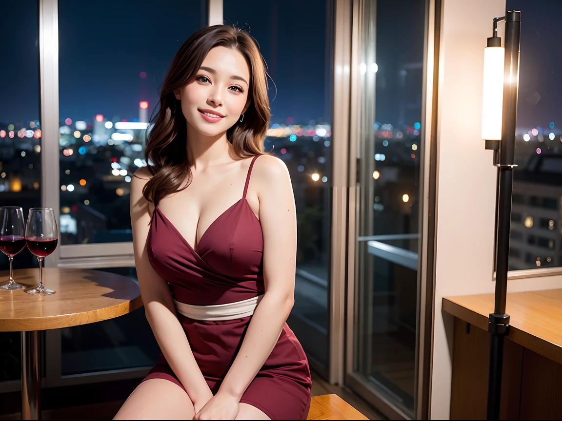 (64K, UHD, top quality, masterpiece: 1.2), (realistic, photorealistic: 1.37), super detailed, pretty woman 1, (slim face), (slim body), (brown hair), (short cut), cheeks slightly blushing, (40 years old), 38 years old, solo, beautiful detailed urban night view outside the window, restaurant, wine glass sitting, at night, in a prominent place (from the waist up) NovaFrogStyle, Actress, Model, Waist Up, White Wine, Slim, Wine Glass, Super Clean Night View, Wine Glass Put in the Middle, Happy Smile, (Smile: 1.15), Beautiful Fine Eyes, Upper Body, Bust Japan Up, Night, Short, Short, Actress, Model, Waist Up, White Wine, Slim, Wine Glass, Super Clean Night View, Wine Glass Put in the Middle, Happy Smile,