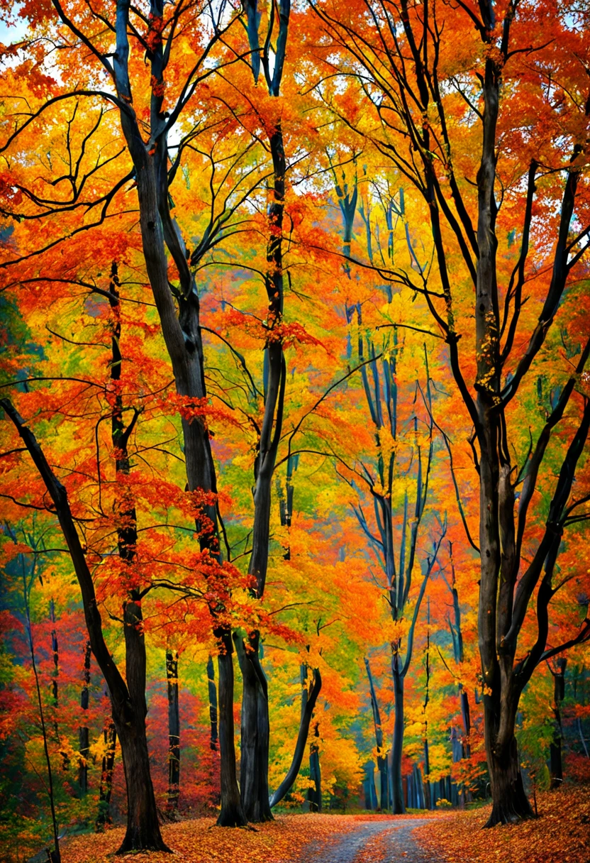 Autumn landscape, foliage, crisp, serene, nostalgic, rustling, bountiful, embraces falling leaves in a rustic, bittersweet, and cozy art style.