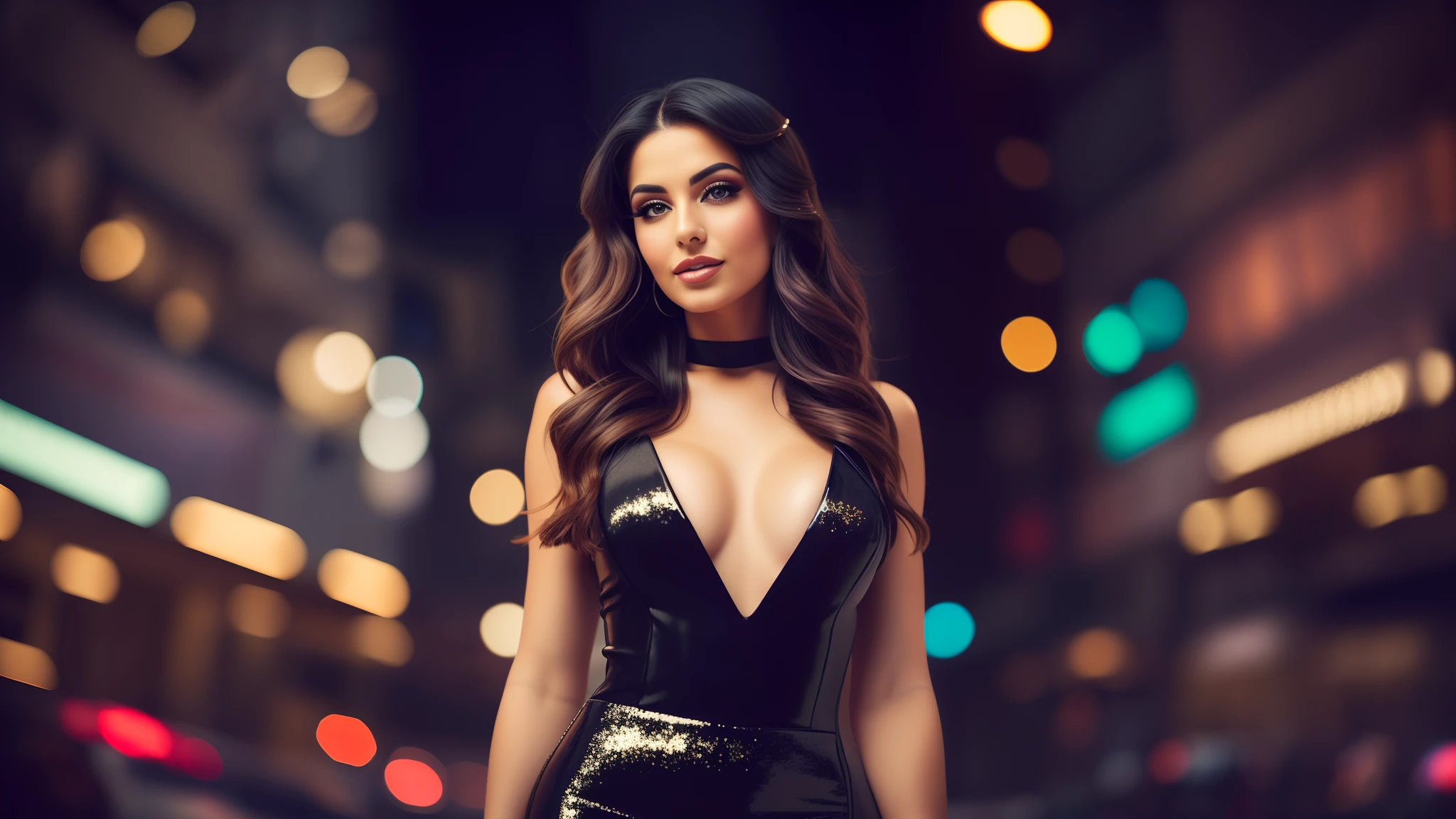 A beautiful sexy woman in a tight black dress with a plunging neckline in full view, her long hair falling in soft waves to her shoulders. Her eyes are heavily made up and shimmer in the light. She wears black high heels and holds a small clutch in her hand / With a background of glittering lights and neon colors that give the feeling of nightlife and glamour. / The atmosphere is exciting, the woman looks confident and intriguing / Portrait style photography with a focal length of 50mm for a natural perspective and a soft focus for a glamorous feel / --auto --s2