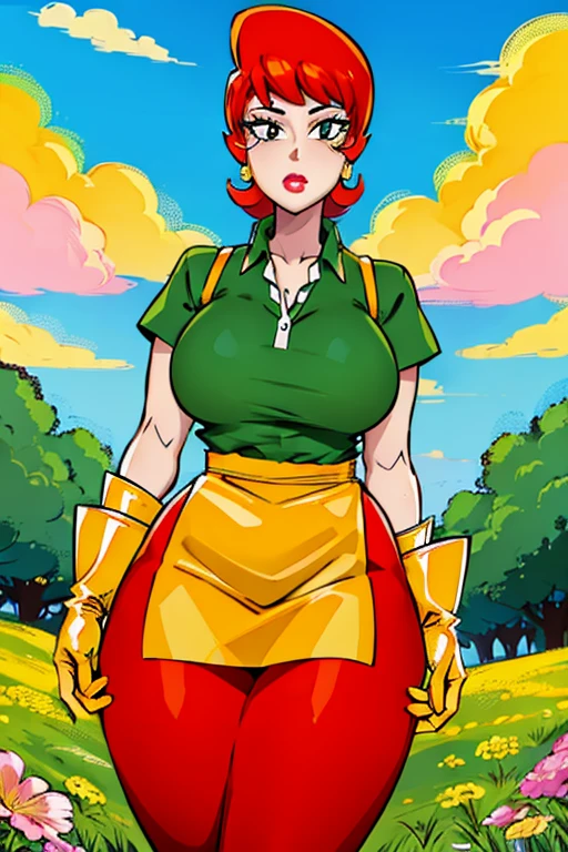 (masterpiece, best quality:1.2), mom (dexter's laboratory), 1girl, solo, apron, jewelry, earrings, gloves, breasts, wide hips, makeup, lipstick, thick thighs, curvy, shirt, large breasts, collared shirt, thighs, short hair, pants, orange hair, short sleeves, mature female, lips, yellow gloves, elbow gloves, green pants, flower, outdoors, yellow flower, tree, standing, field, grass, nature, sky, day, cowboy shot, forest, scenery, mermaid