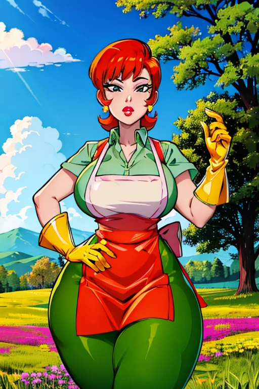 (masterpiece, best quality:1.2), mom (dexter's laboratory), 1girl, solo, apron, jewelry, earrings, gloves, breasts, wide hips, makeup, lipstick, thick thighs, curvy, shirt, large breasts, collared shirt, thighs, short hair, pants, orange hair, short sleeves, mature female, lips, yellow gloves, elbow gloves, green pants, flower, outdoors, yellow flower, tree, standing, field, grass, nature, sky, day, cowboy shot, forest, scenery, mermaid