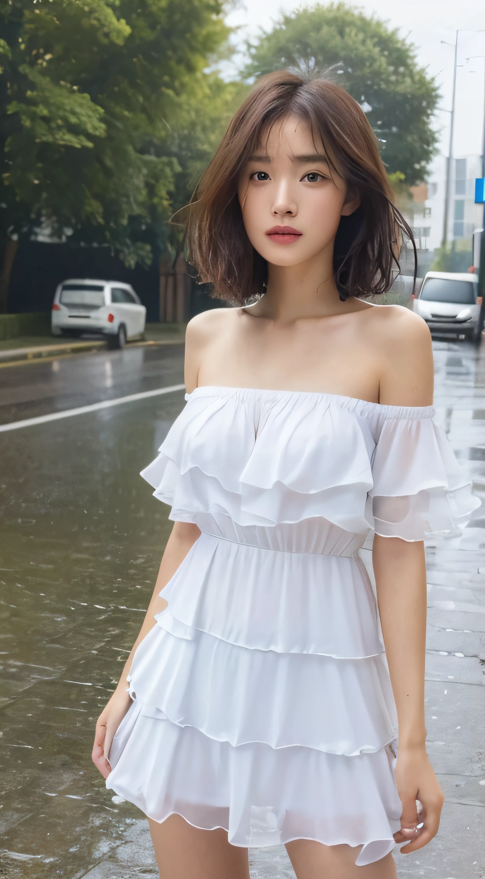 ((best qualtiy, 8K, tmasterpiece:1.3)), Focus:1.2,half-body photo,upper legs, perfect figure beautiful woman:1.4, Cocked buttocks:1.2, ((Cut hair in layers, Normal chest:1.2)), , (rain, street:1.3), Bandeau dress:1.1, Highly detailed facial and skin texture, A detailed eye, 二重まぶた,Whiten skin,long whitr hair,(with a round face:1.5),Superskirt,Raised sexy,Get wet
