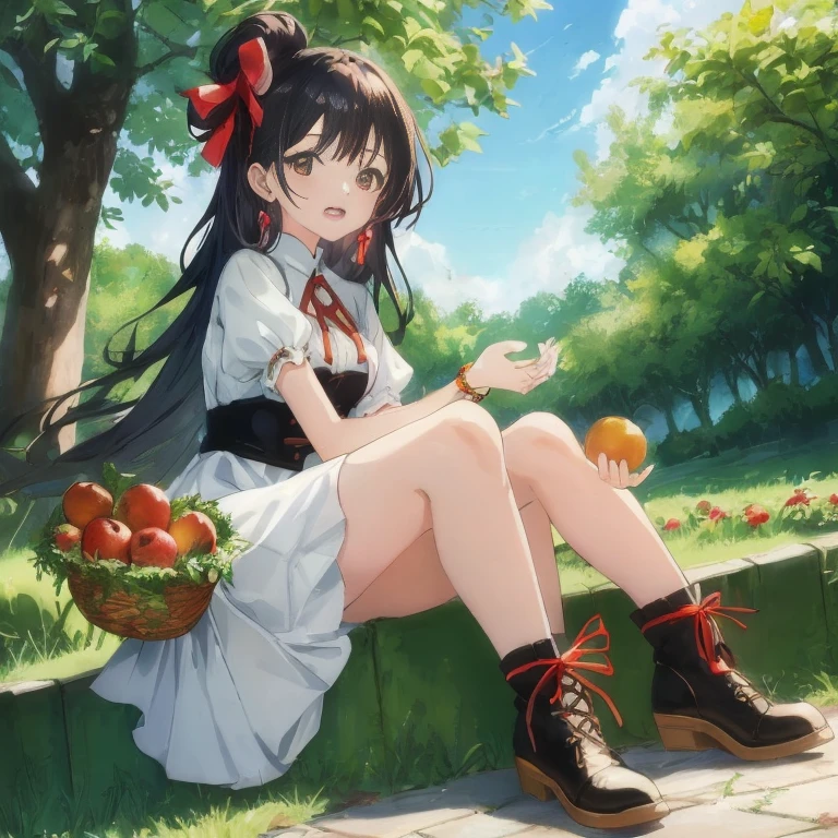 Anime girl sitting on the wall holding a basket of fruit, anime style 4 k, beautiful anime girl squatting, High quality anime art style, Cute anime girl, the anime girl is crouching, Anime visuals of cute girls, anime moe art style, Beautiful anime girl, guweiz, official artwork, anime lush john 8k woods