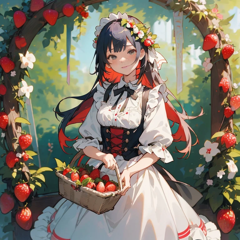 Anime girl with a basket of strawberries in front of a wreath, guweiz on pixiv artstation, guweiz, guweiz on artstation pixiv, a maid in a magical forest, Official art, Rin, Cute anime waifu in a nice dress, Anime visuals of cute girls, Trending on ArtStation pixiv, official artwork