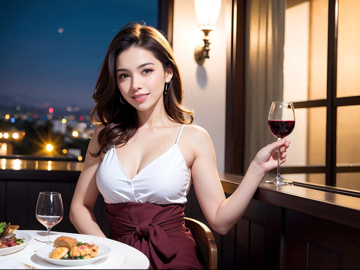 (64K, UHD, top quality, masterpiece: 1.2), (realistic, photorealistic: 1.37), super detailed, pretty woman 1 person, (slim face), (slim body), (brown hair), (short cut), cheeks slightly blushing, (42 years old), 38 years old, solo, beautiful detailed urban night view outside the window, restaurant, wine glasses sit, night, in a prominent place (from the waist up) NovaFrogStyle, Actress, Model, Waist Up, White Wine, Slim, Wine Glass, Super Clean Night View, Wine Glass Put in the Middle, Happy Smile, (Smile: 1.15), Beautiful Fine Eyes, Upper Body, Bust Japan Up, Night, Short, Short, Actress, Model, Waist Up, White Wine, Slim, Wine Glass, Super Clean Night View, Wine Glass Put in the Middle, Happy Smile,