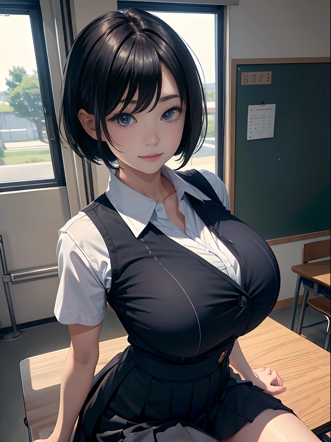 a 20 yo woman、(masterpiece:1.4)、(in 8K、realisitic、Raw photo、top-quality:1.4)、(Real Face:1.4)、(real looking skin:1.3)、超A high resolution、A hyper-realistic、Black eyes、black hair shorthair、耳环、White collared shirt、Dark blue pleated skirt、(huge-breasted:1.5)、Blushing、alluring face、a smile、poseing、Classroom
