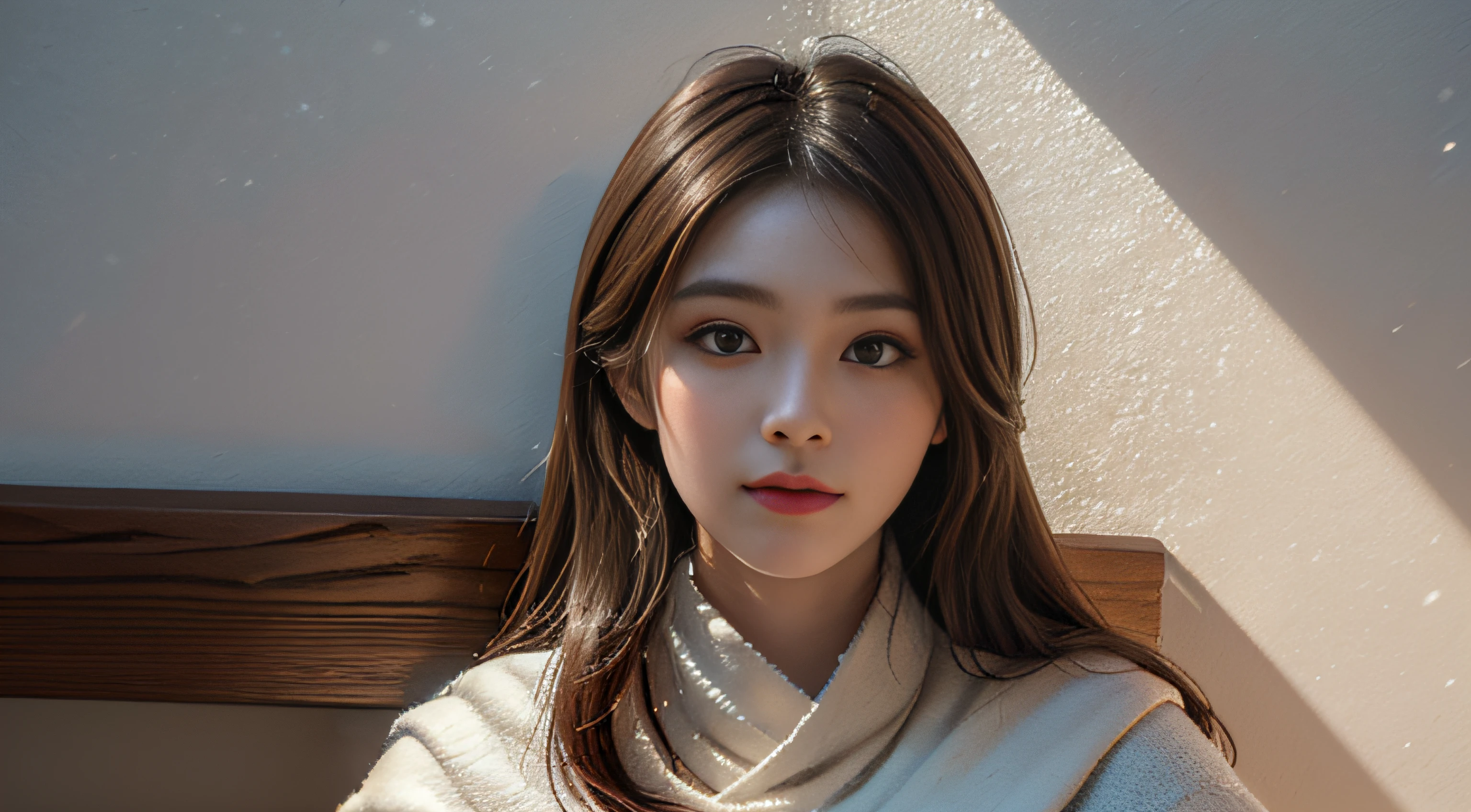 Best Quality, Masterpiece, Ultra High Resolution, (Realistic: 1.4), Original Photo, (Realistic Skin Texture: 1.3), (Film Grain: 1.3), Panorama, Portrait, Very Wide Lens, Narrow Waist, Denim Lens, (In the Dark, Deep Shadows, Underkey, Cold Light,) Night, Close-up, Tears, Cinematic Lighting
indoors, dust, tyndall effect, smile, gloomy (expression), sitting, (against the wall), (head down), lonely,
1 girl, beautiful detail eyes and face, white jabot, brown eyes,