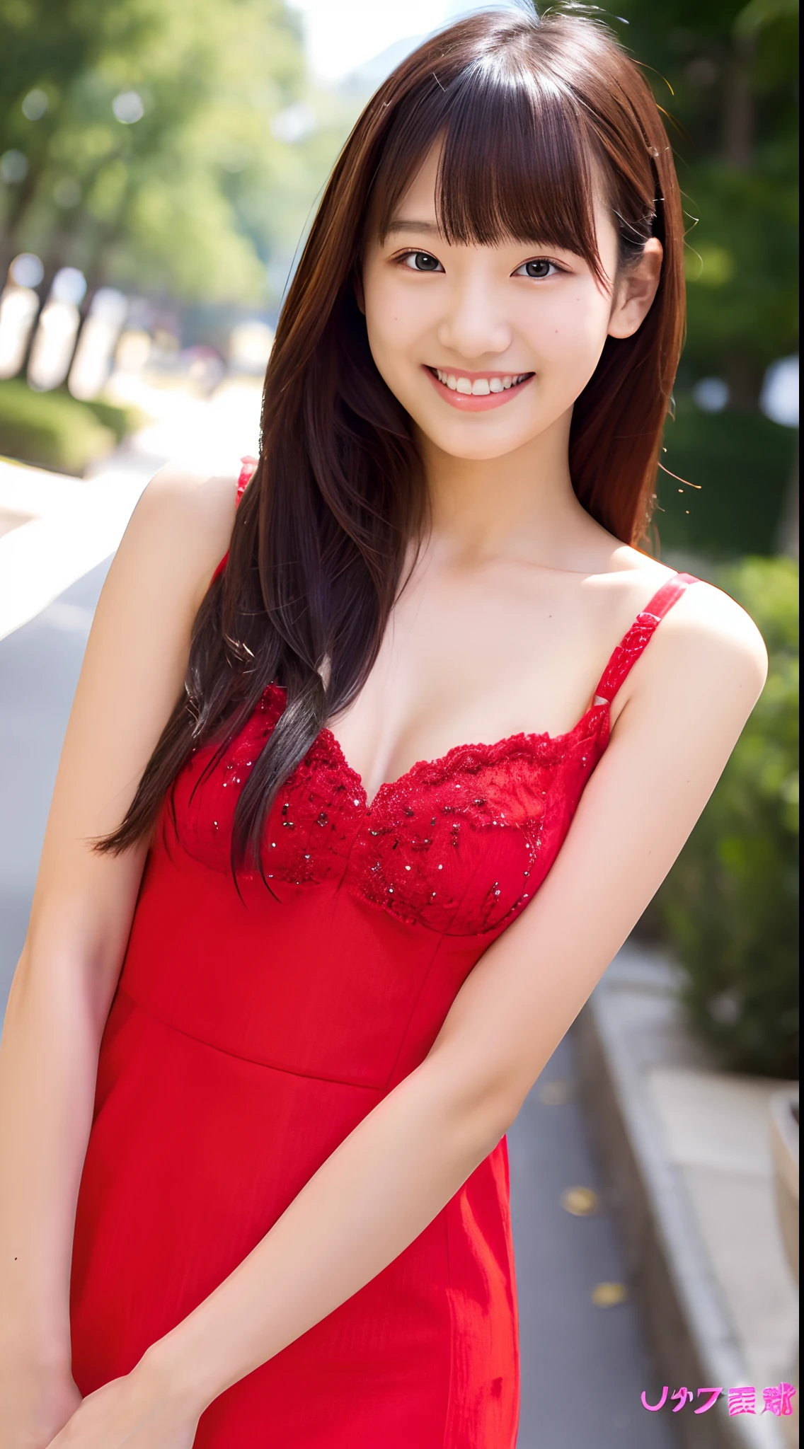 ((Top quality, 8K, Masterpiece: 1.3)), Beautiful girl, Pure, Melon face, Kind and cute, Sweet smile, Pure desire, Slender body, (Front), (Tilted head), ((Looking at camera)), wearing a red sexy thin dress, big breasts, black silky long hair, long flowing shoulders, round black big eyes, clear big eyes, moist red lips, sweet, sitting on a chair, afternoon cafe terrace background, ((waist shot)),