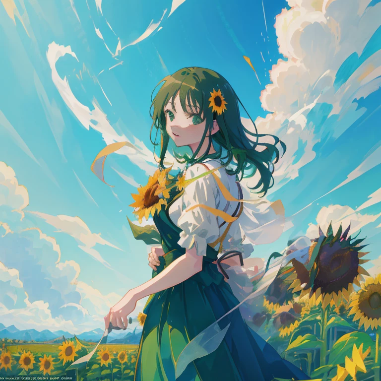 Woman in green dress standing in a sunflower field, official artwork, official anime artwork, Official art, Anime visuals of cute girls, arte koto no ha no niwa, Beautiful sunflower anime girl, Rin, high quality anime movie still, today's featured anime still, high detailed official artwork, daytime ethereal anime, Beautiful anime, kyoto animation key visual