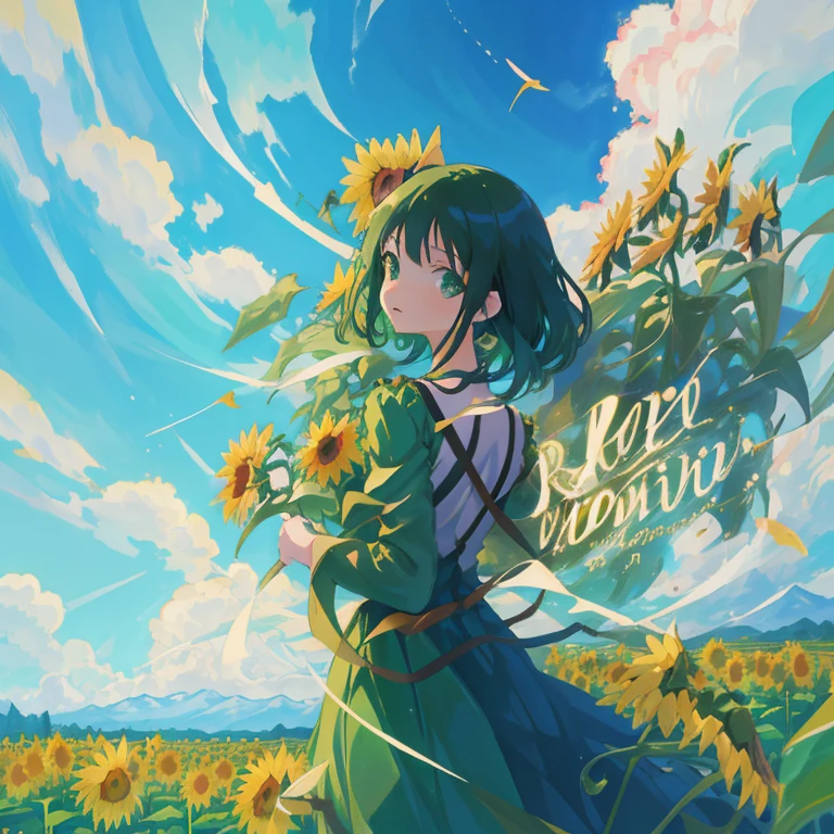 Woman in green dress standing in a sunflower field, official artwork, official anime artwork, Official art, Anime visuals of cute girls, arte koto no ha no niwa, Beautiful sunflower anime girl, Rin, high quality anime movie still, today's featured anime still, high detailed official artwork, daytime ethereal anime, Beautiful anime, kyoto animation key visual