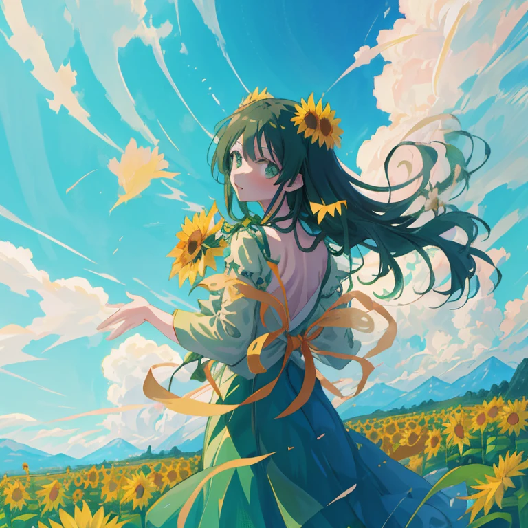 Woman in green dress standing in a sunflower field, official artwork, official anime artwork, Official art, Anime visuals of cute girls, arte koto no ha no niwa, Beautiful sunflower anime girl, Rin, high quality anime movie still, today's featured anime still, high detailed official artwork, daytime ethereal anime, Beautiful anime, kyoto animation key visual