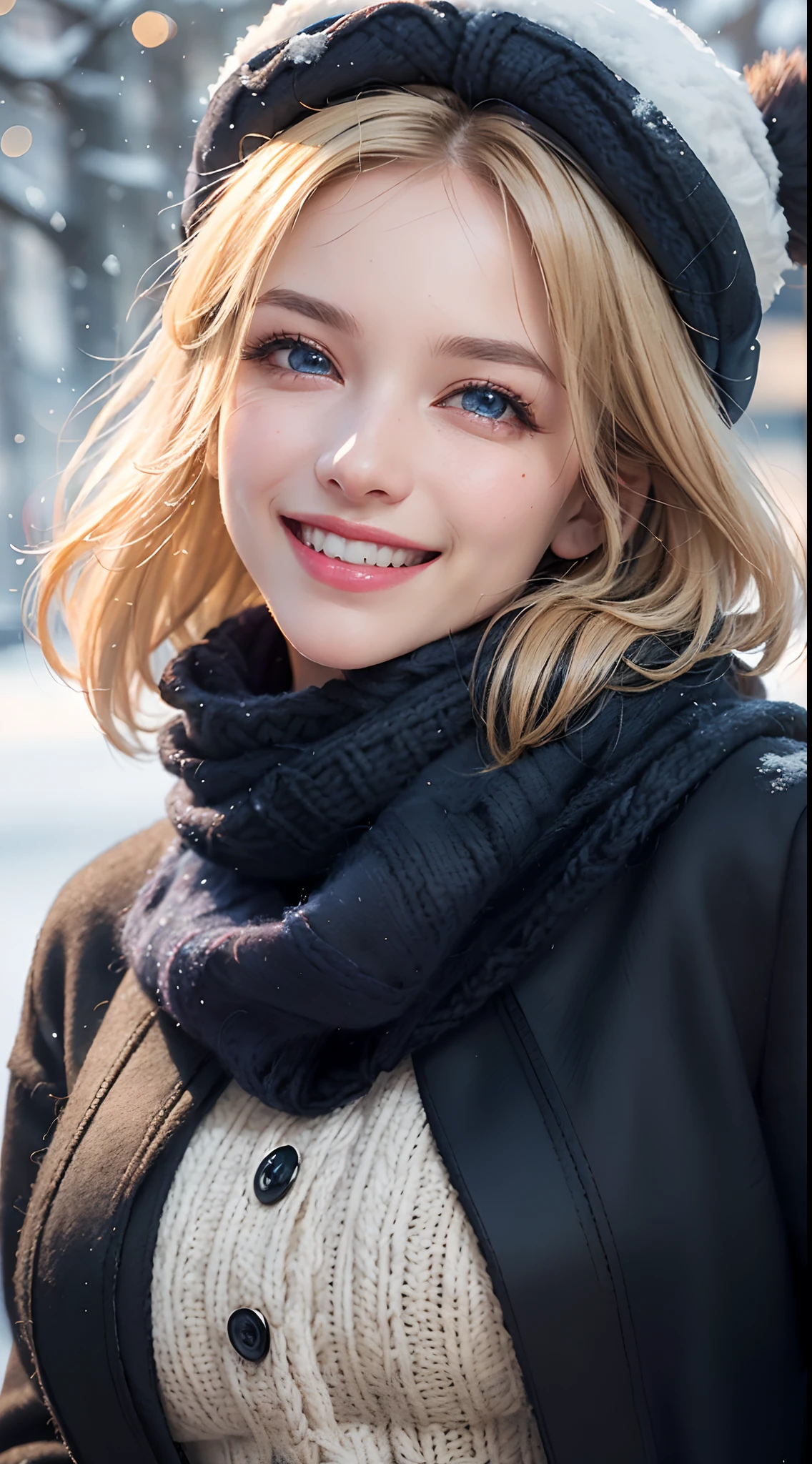 (best quality, 4k, 8k, high-res, masterpiece:1.2), ultra-detailed, (realistic, photorealistic, photo-realistic:1.37), (beautiful detailed eyes, beautiful detailed lips, extremely detailed eyes and face:1.5), studio lighting, physically-based rendering, vivid colors, (big tits, super big tits, super extra big tits), (navy wool coat, hats, gloves, scarf:1.5), (smile and laugh:1.5), (blonde hair, bob cut, hair blowing in the wind, shiny hair, shiny skin), (snowy, blurred background:1.37), (tilt your head to the side:1.5),