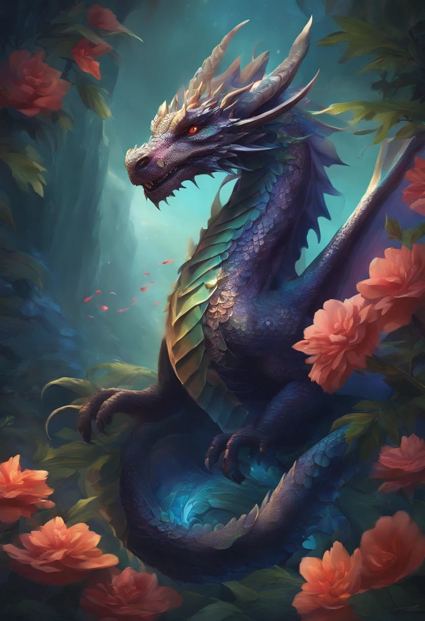 One cute anime dragon, Dark eyes、abstract art、florals、streamline