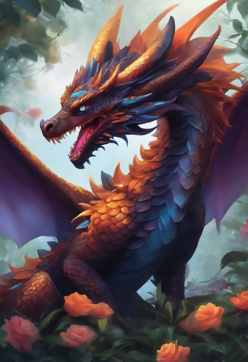 One cute anime dragon, Dark eyes、abstract  art、florals、streamline