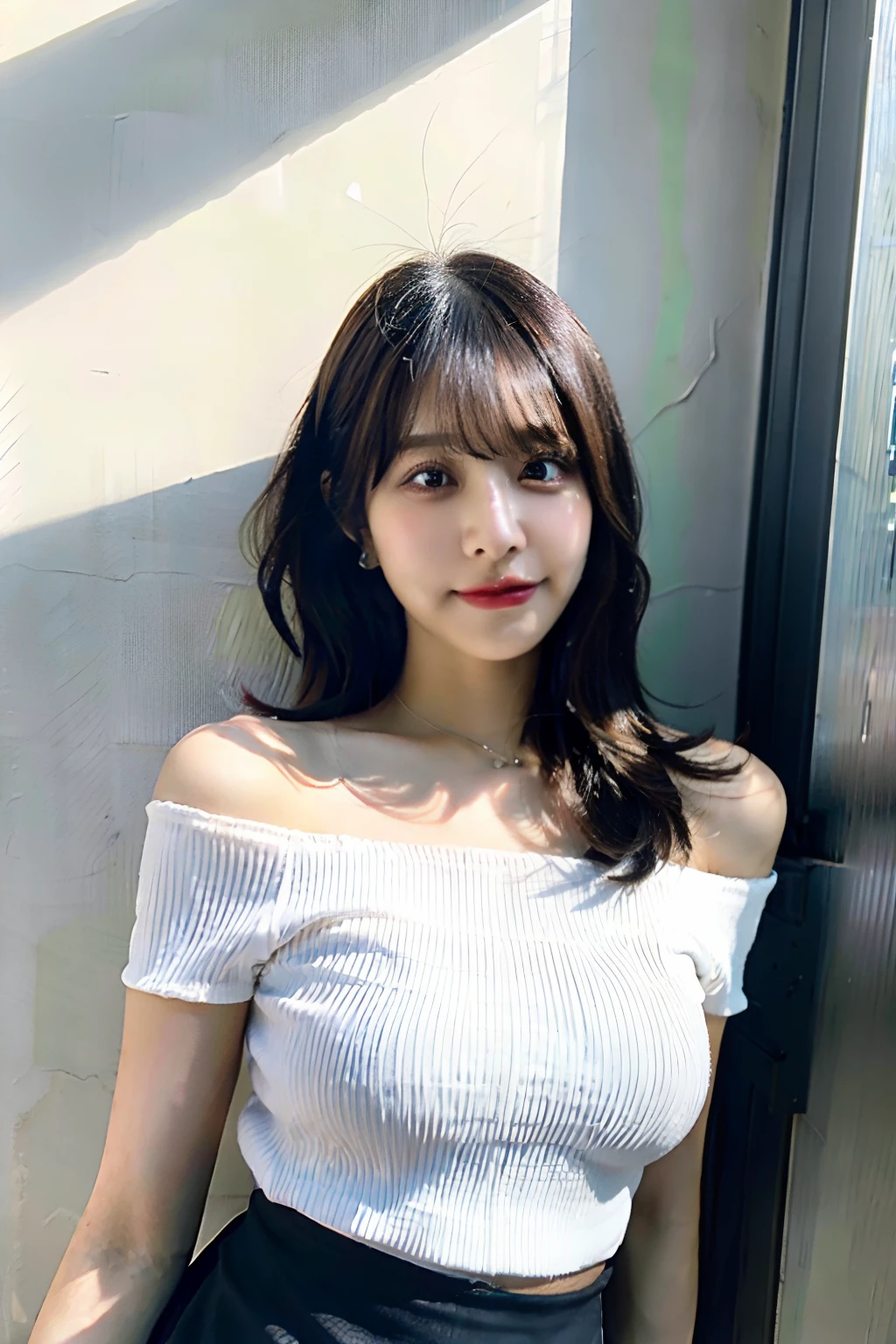 best quality, ultra high res, (photorealistic:1.4), 1girl, off-shoulder white shirt, black tight skirt, black choker, (faded ash gray hair:1), (huge breasts:1.2), looking at viewer, closeup ,nude