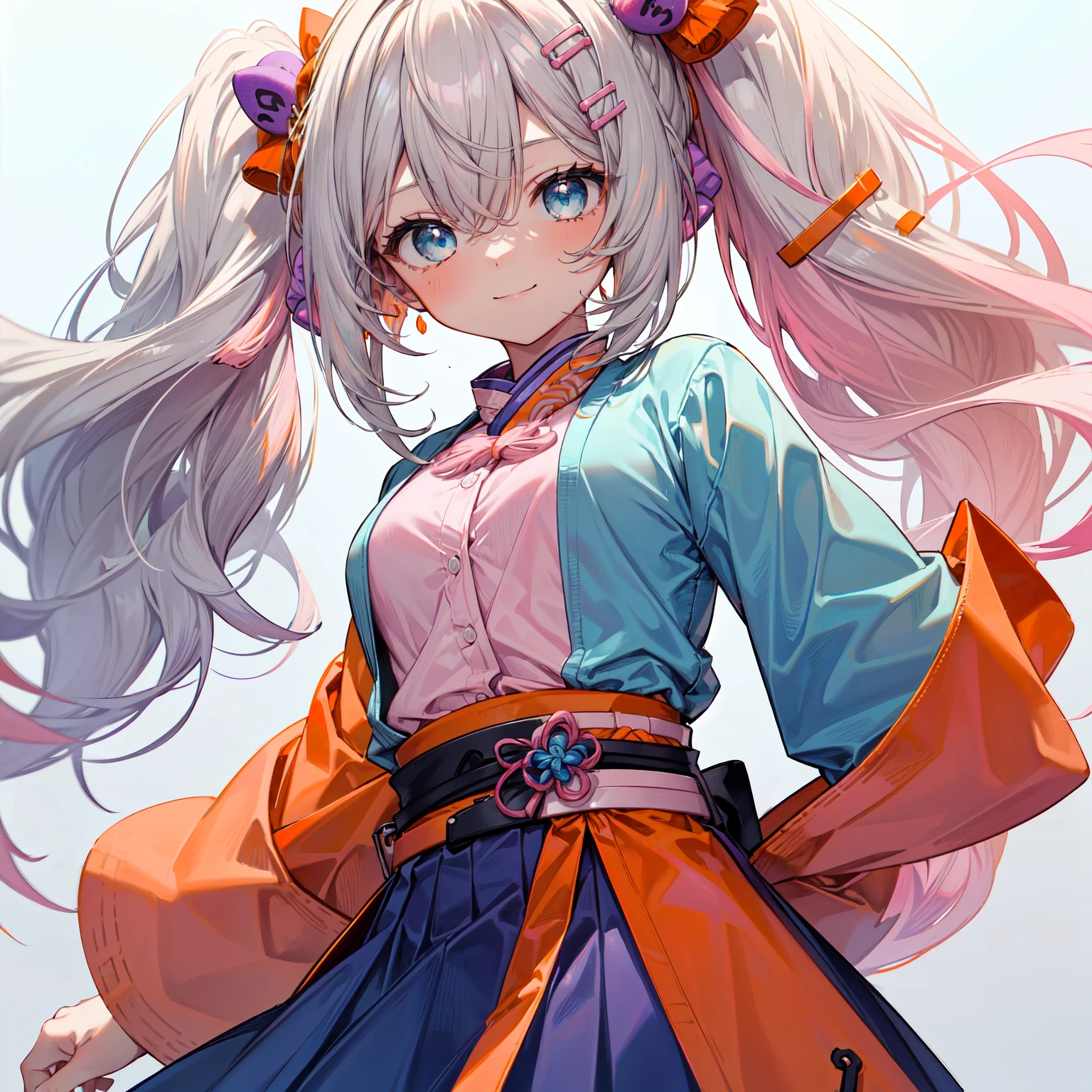 1girl, (solo:1.6), female focus, female, girl, masterpiece, best quality, high quality, (gray hair color:1.3), long hair, wavy hair, hair between the eyes, (low pigtails:1.25), (blue eye color:1.3), looking at viewer, flatchested, shut up, closed mouth, light smile, smile, smiling, (light blue shirt:1.3), (orange and pink haori, orange and pink jacket, orange and pink hip-length jacket:1.5), (blue hairclips, light blue skirt, purple belt:1.75), thin body, (tan skin:1.5), colored skin, (white background:1.65), (upperbody, half-body adaptable, upper-body, head, chest, close-up, character in frame:1.5), perfect hands, ((middle-centered)),