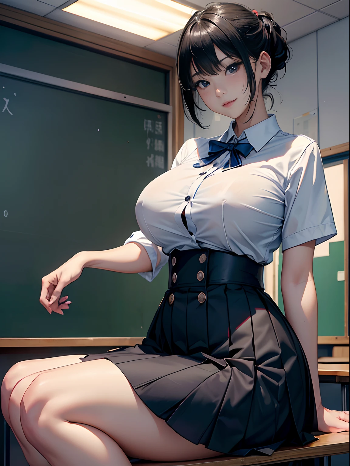a 20 yo woman、(masterpiece:1.4)、(in 8K、realisitic、Raw photo、top-quality:1.4)、(Real Face:1.4)、(real looking skin:1.3)、超A high resolution、A hyper-realistic、Black eyes、black hair shorthair、耳环、White collared shirt、Dark blue pleated skirt、(huge-breasted:1.5)、Blushing、alluring face、a smile、poseing、Classroom