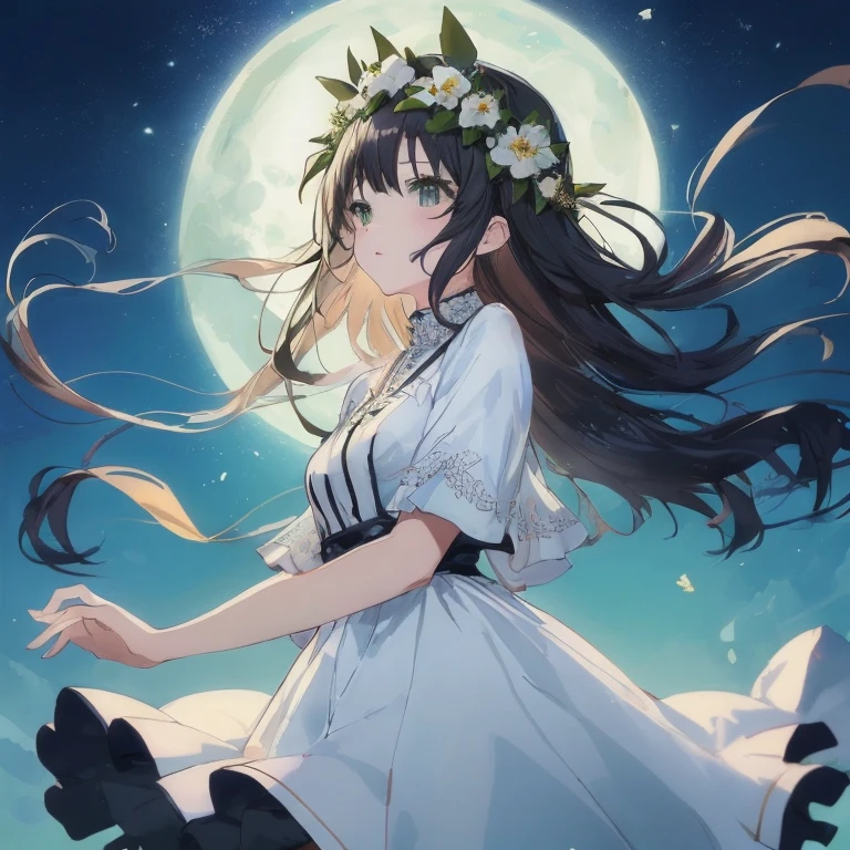 Anime girl with long hair and flower crown in front of the full moon, anime moe art style, ethereal anime, hestia, **** in dress, guweiz, nightcore, the glow of the moonlight, Anime art wallpaper 8k, Cute anime waifu in a nice dress, Anime visuals of cute girls, Kantai Collection Style, 4 k manga wallpaper