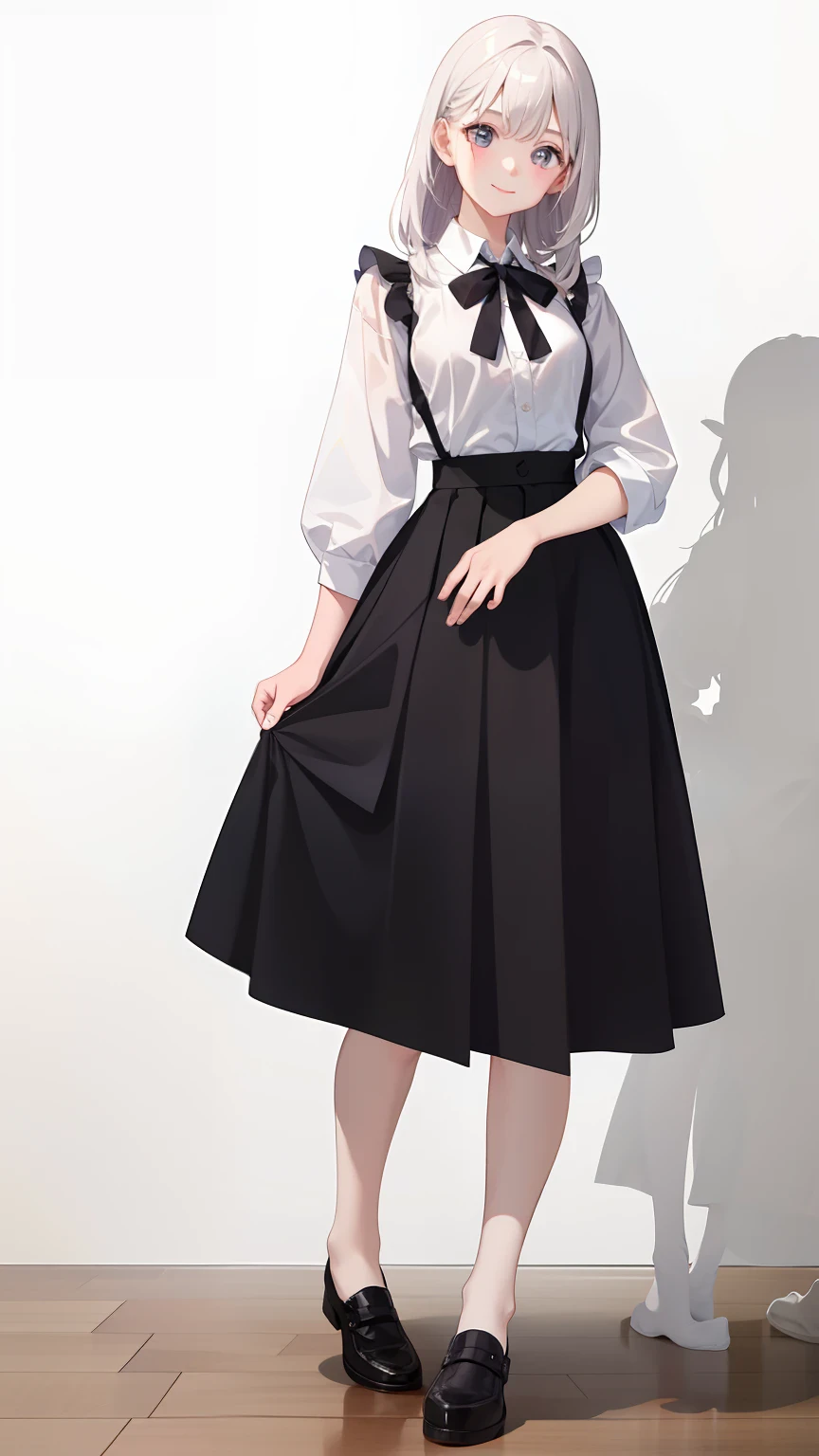 1girl in、imagem 4k、A smile、The shirt、Blouse、（paler）skirt by the、（small tits）Chilarism、movement、