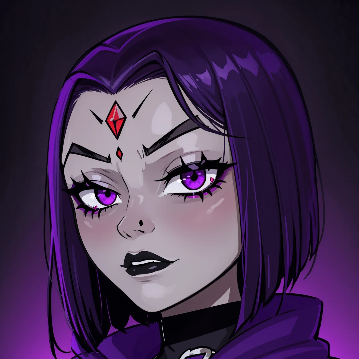 Raven, teen titans, hooded, goth girl, autumn forest background, detailed, detailed, detailed, beautiful, detail, goth girl, masterpiece, purple clothes, red jewel centre head, dark night background, gothic, goth, goth, detailed, goth girl, piercings, detailed face, looking viewer, raven, (Dark eye shadow) dark eye shadow, black eye shadow,