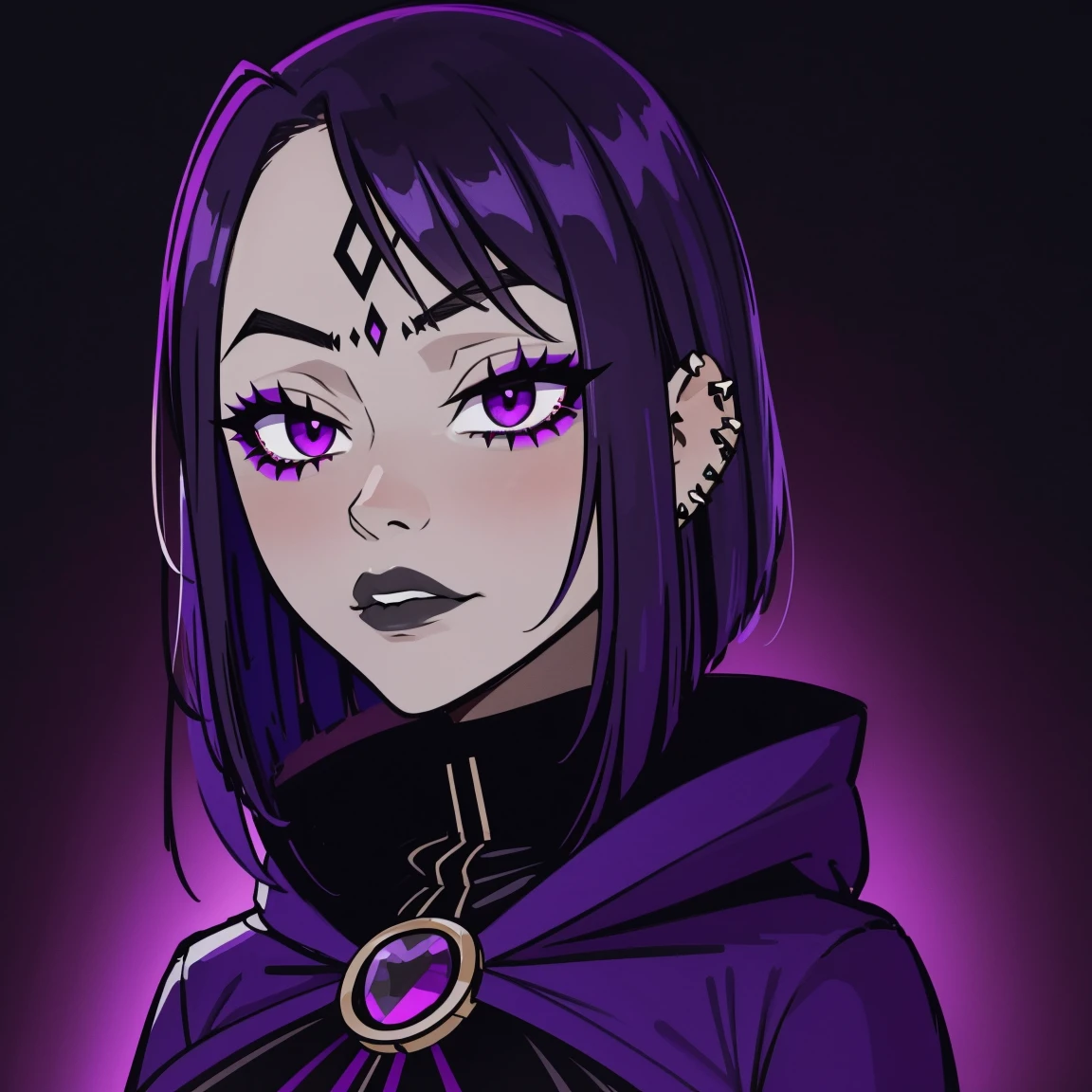 Raven, titans, hooded, goth girl, autumn forest background, detailed, detailed, detailed, beautiful, detail, goth girl, masterpiece, purple clothes, red jewel centre head, dark night background, gothic, goth, goth, detailed, goth girl, piercings, detailed face, looking viewer, raven, (Dark eye shadow) dark eye shadow, black eye shadow,