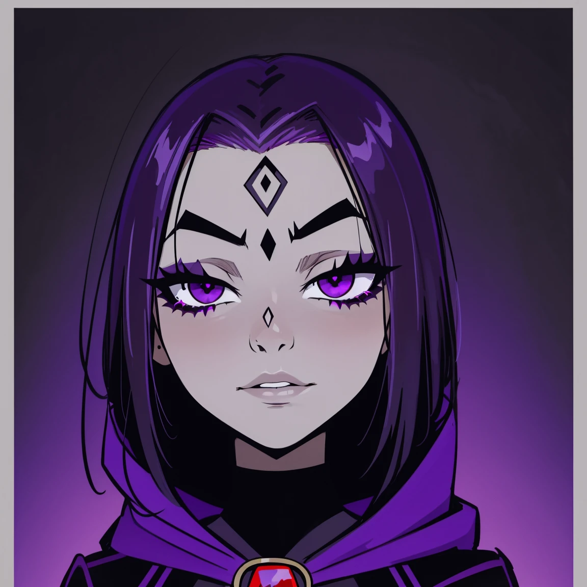 Raven, teen titans, hooded, goth girl, autumn forest background, detailed, detailed, detailed, beautiful, detail, goth girl, masterpiece, purple clothes, red jewel centre head, dark night background, gothic, goth, goth, detailed, goth girl, piercings, detailed face, looking viewer, raven, (Dark eye shadow) dark eye shadow, black eye shadow,