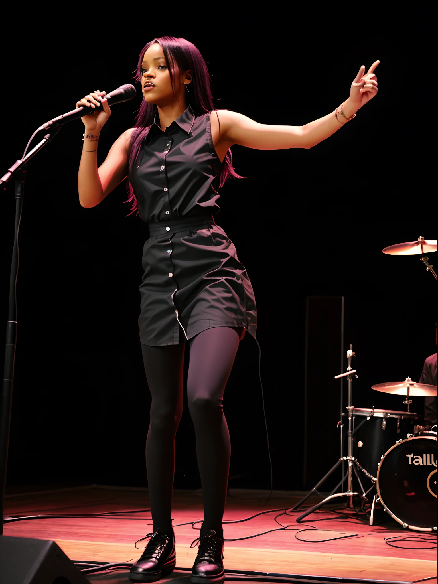 Rihanna circa 2005 wearing a white button down dress shirt with a lavender tie & a black skirt on over a pair of black leggings holding an electric guitar standing in front of a microphone on stage with the band tally hall