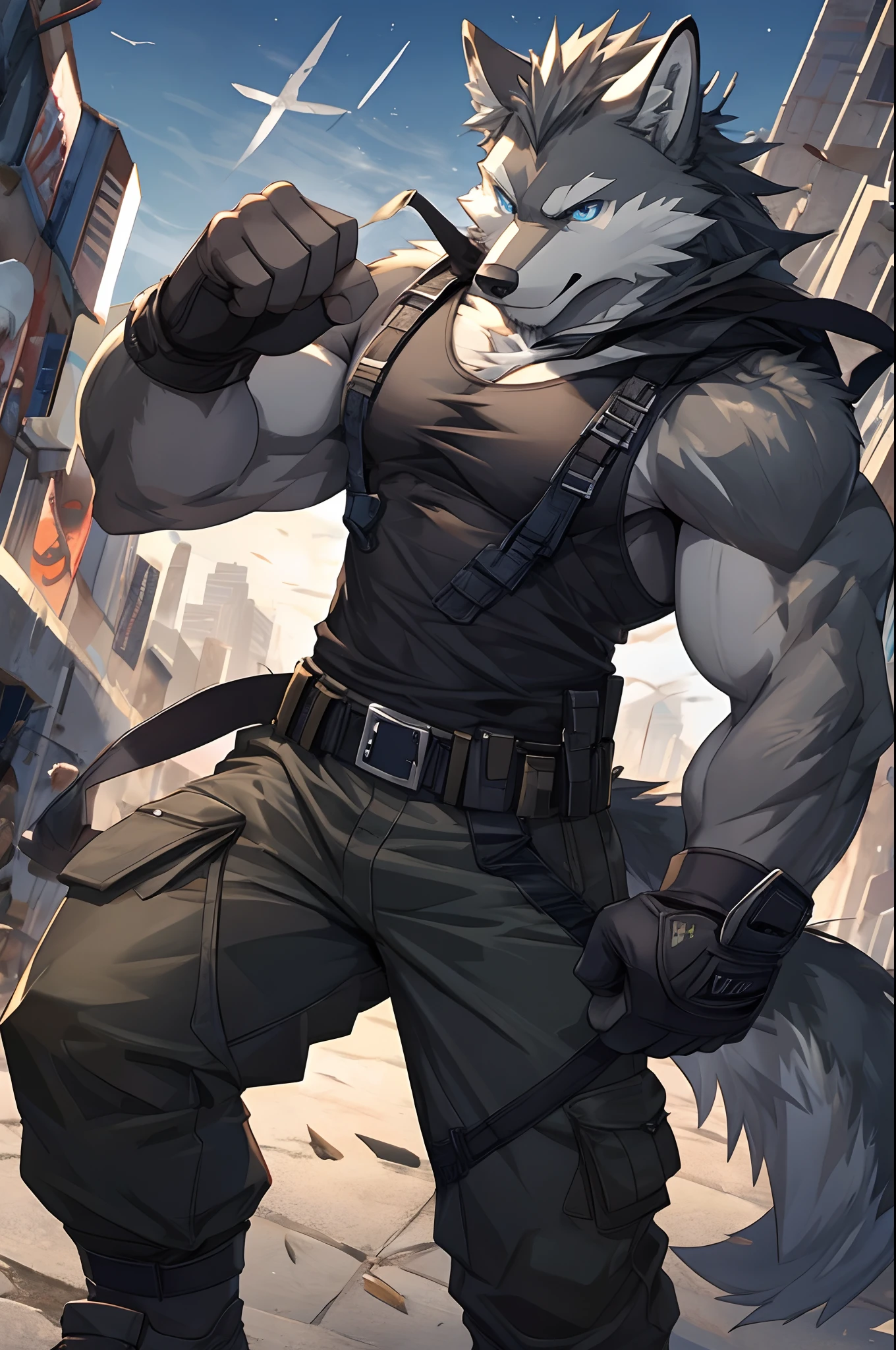 Masterpiece, Cool Pose, Furry Gray Wolf, Medium Strong Body, Blue Eyes, Grey Medium Hair, Combat Tank Top, Combat Gloves, Combat Pants, Fierce, Good looking