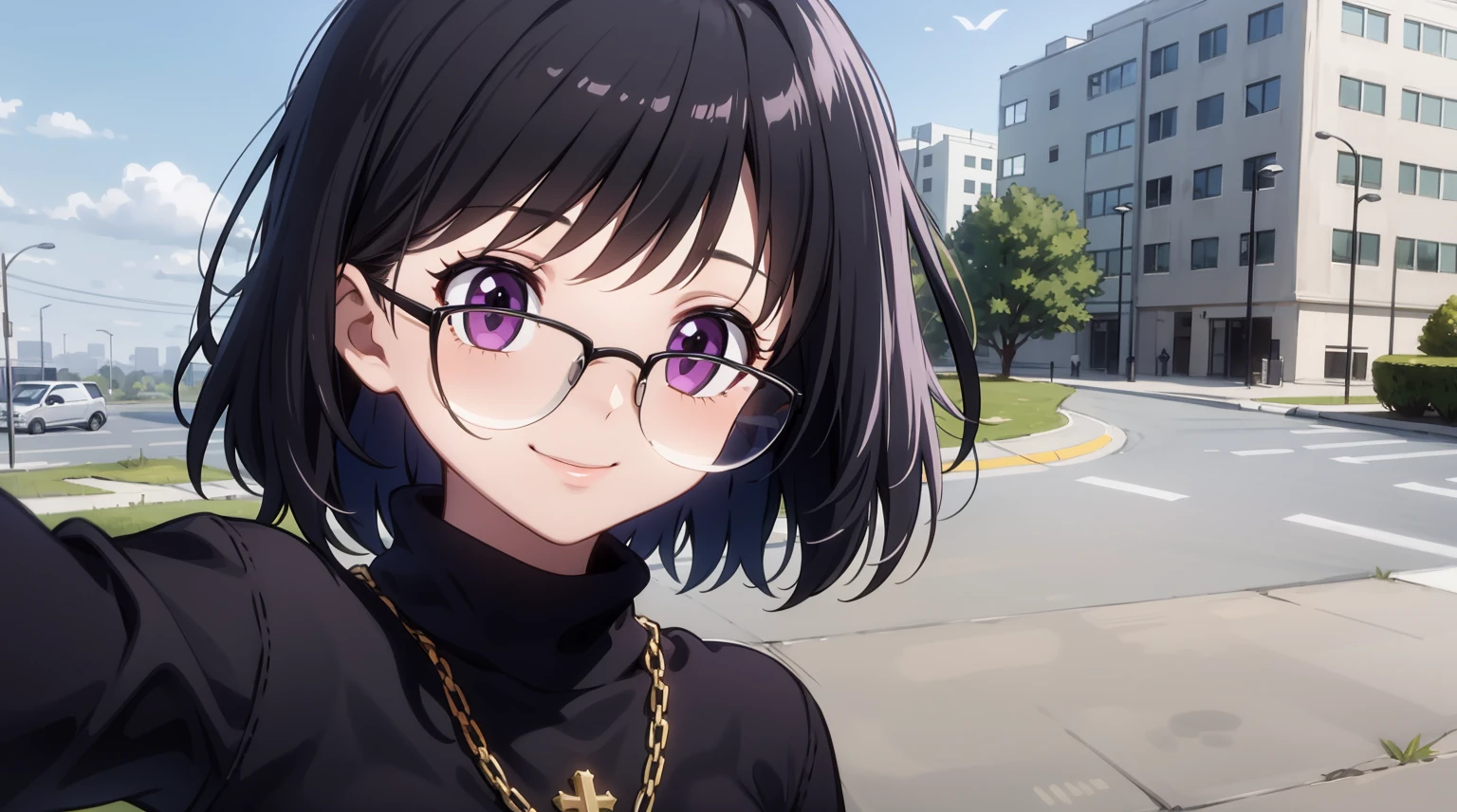 1girl, (masterpiece:1.3), (high resolution), (8K), (extremely detailed), (4k), (pixiv), perfect face, nice eyes and face, (best quality), (super detailed), detailed face and eyes, (solo), textured skin, absurdres, highres, shizukuwz, glasses, pants, jeans, black hair, short hair, (diamond necklace:1.0), long sleeves, turtleneck, black sweater, purple eyes, inverted cross, pov, selfie, smile, nature, city, sunlight,