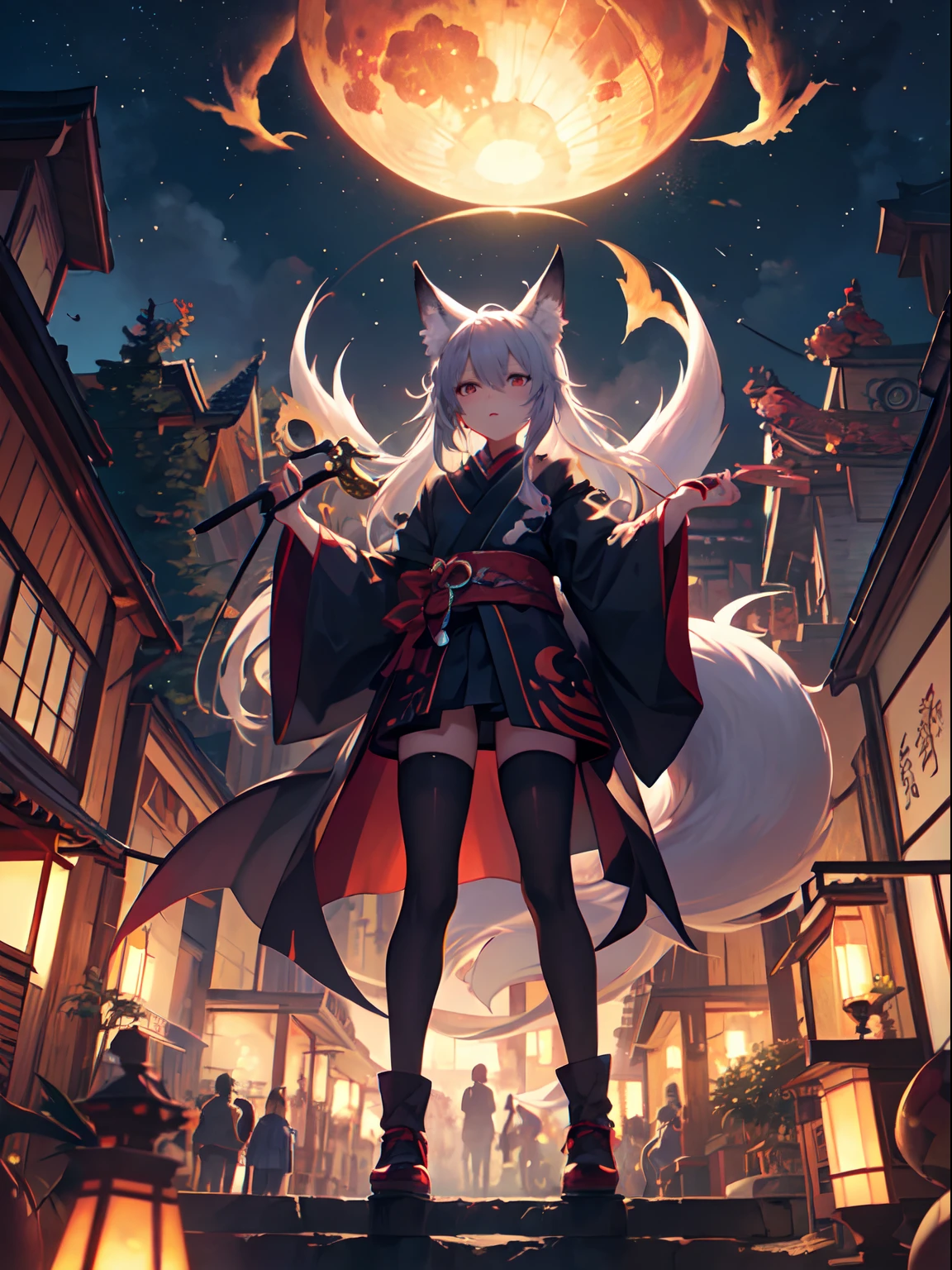 "Night parade of a hundred demons, kitsune, fox tail an ears, goblin, mesmerizing and eerie, featuring a diverse group of mythical creatures, including youkai, oni, and devils (masterpiece:1.2), (vibrant:1.1), best quality, winning award, High quality, High resolution"