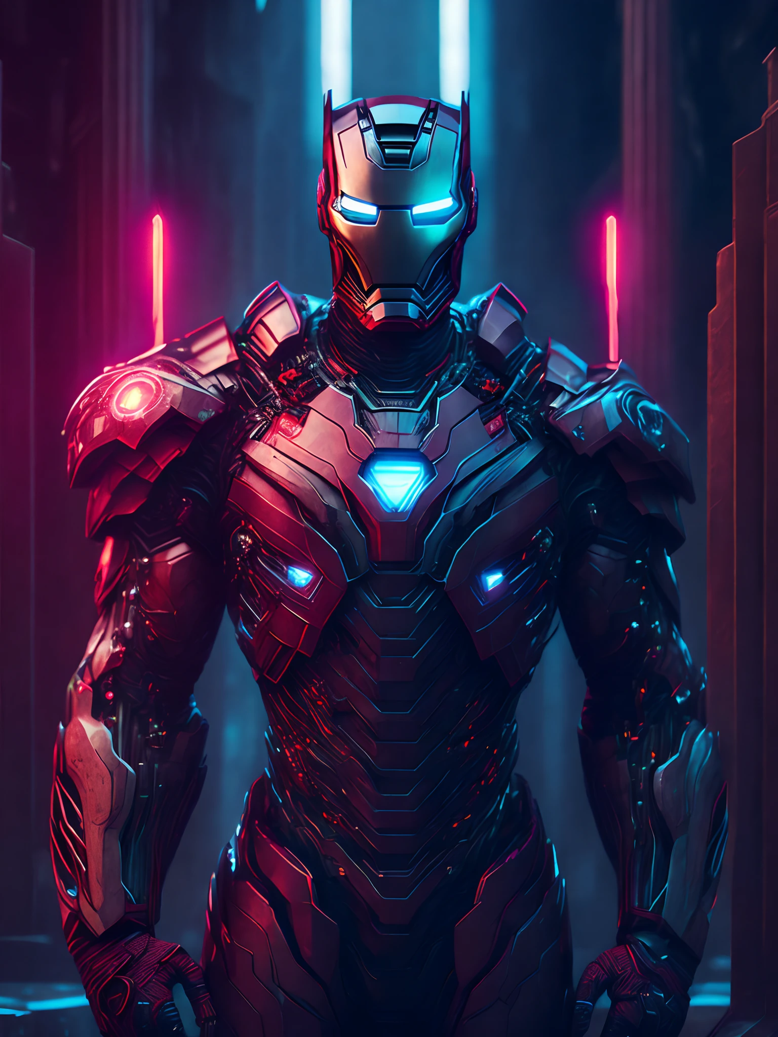 Grim portrait of Marvel's Iron Man with intricate angular cybernetic implants inside a brutalist building, Gothic brutalist cathedral, Cyberpunk, foto premiada, Bokeh, neon lights, cybernetic limb