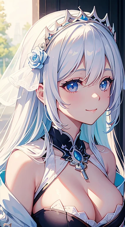 Close-up portrait of a girl in a white dress with tiara and veil, clean detailed anime art, beautiful anime artwork, Detailed anime artwork, beautiful anime art, Beautiful Anime Portrait, detailed anime art, anime style 4 k, Detailed key anime art, Anime Illustration, Anime visuals of cute girls, Detailed Digital Anime Art, anime art wallpaper 4k, A smile、white hair、爆乳、cleavage of the breast