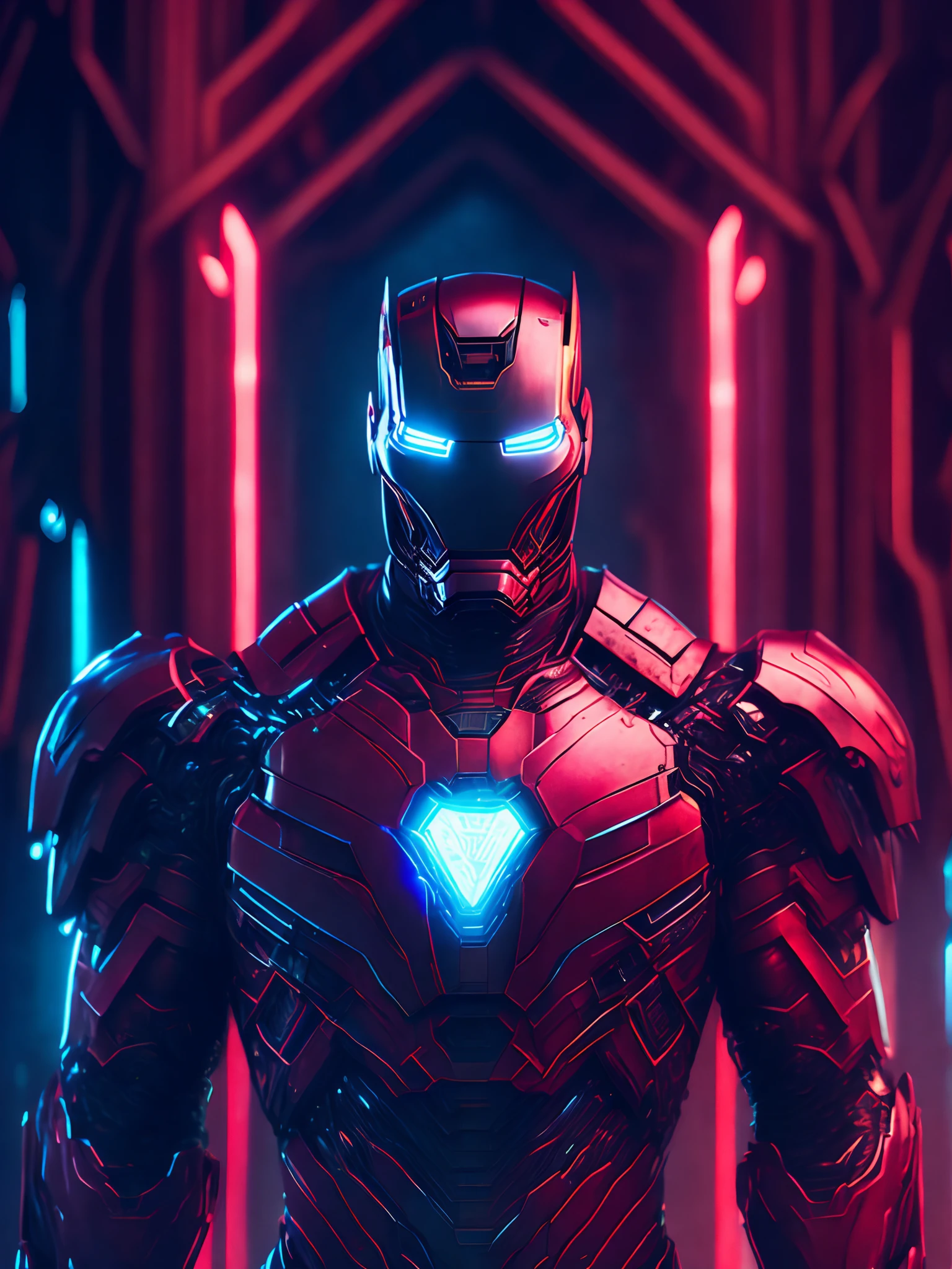Grim portrait of Marvel's Iron Man with intricate angular cybernetic implants inside a brutalist building, Gothic brutalist cathedral, Cyberpunk, foto premiada, Bokeh, neon lights, cybernetic limb