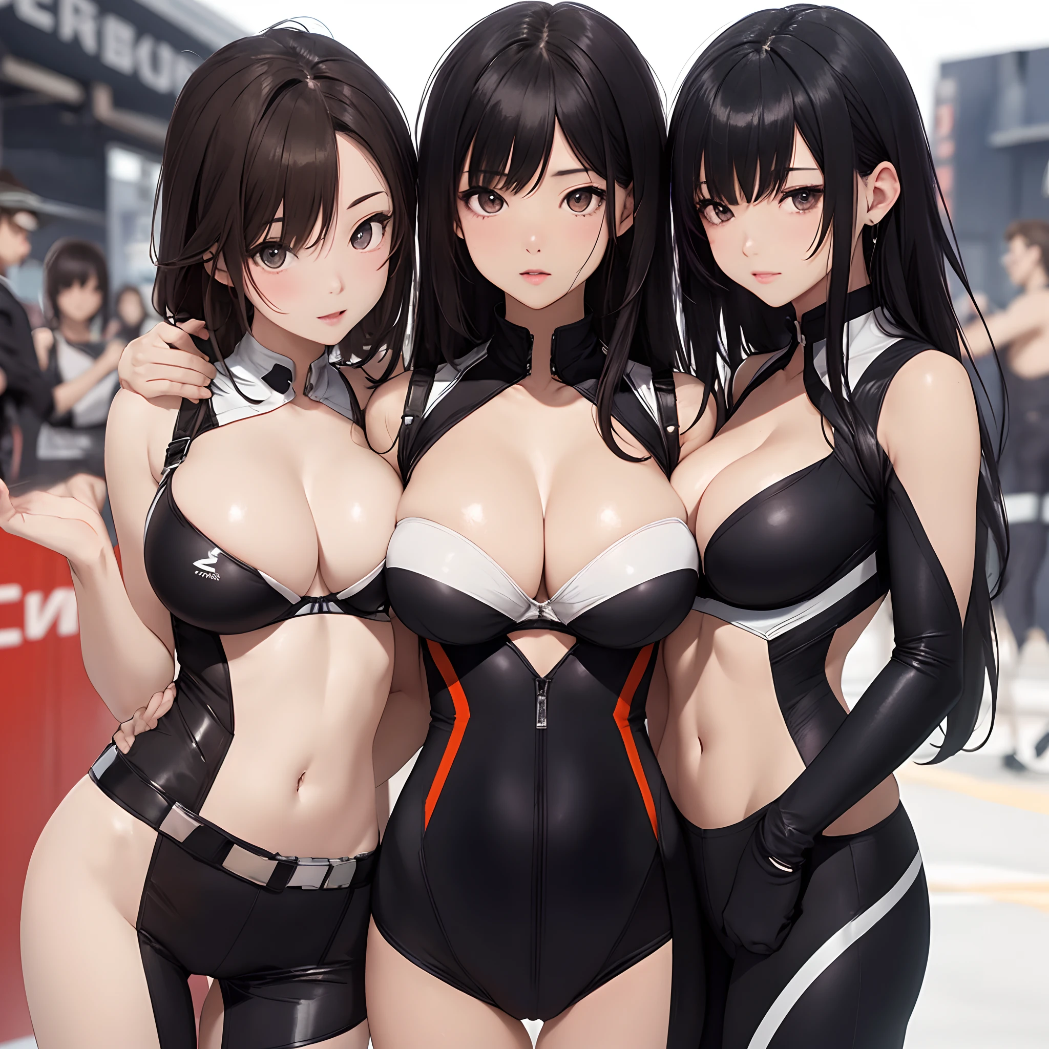 masterpiece、Top image quality、Black hair、Black bra、Colossal tits、mechs、animesque、8K,masterpiece, bset quality,Colossal tits、(1girl in)、((Pit Girl Suit))、shinny skin、Shiny big、dark-brown eyes、 ((top-quality))、 Crisp focus:1.2、Highly detailed facial and skin texture、A detailed eye、face perfect、perfect bodies、art by、nffsw、Blur the background、japanes、Big breasts with a strong presence、Circuit field、Blur the background、Cowboy Shot、