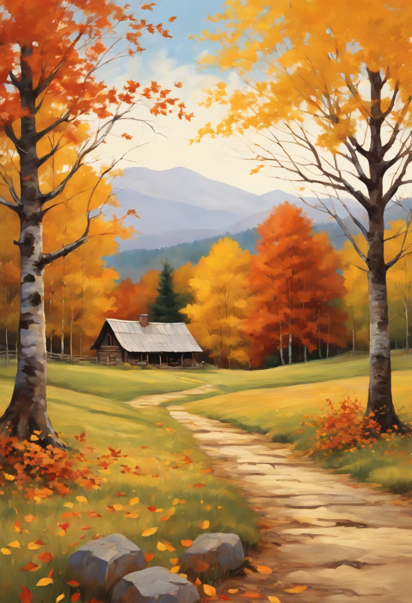 Autumn landscape, foliage, crisp, serene, nostalgic, rustling, bountiful, embraces falling leaves in a rustic, bittersweet, and cozy art style.