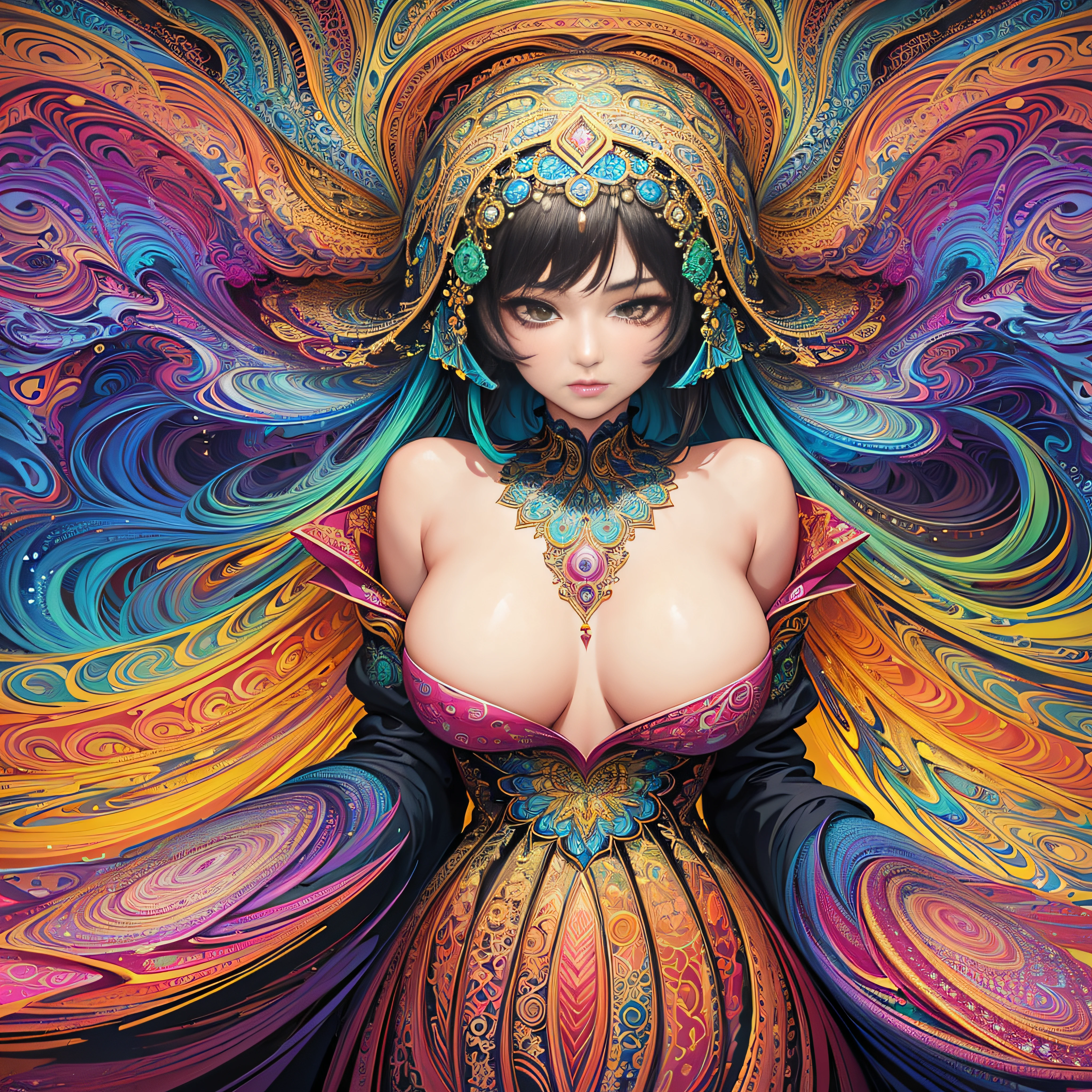 (masterpiece, top quality, best quality, official art, beautiful and aesthetic:1.2), (1girl:1.3), extremely detailed,(fractal art:1.2),colorful,highest detailed,(zentangle:1.2), (dynamic pose), (abstract background:1.5), (treditional dress:1.2), (shiny skin), (many colors:1.4), upper body