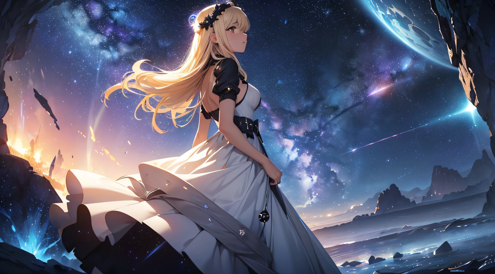 masterpiece、Background with((Fantastic starry sky、meteors、black hole))、Depth((Luminous Planets))、Looking up 、a beauty girl、White dress、Rear view、Blonde Long、heavy wind、Surrounded by fantastic glowing stars