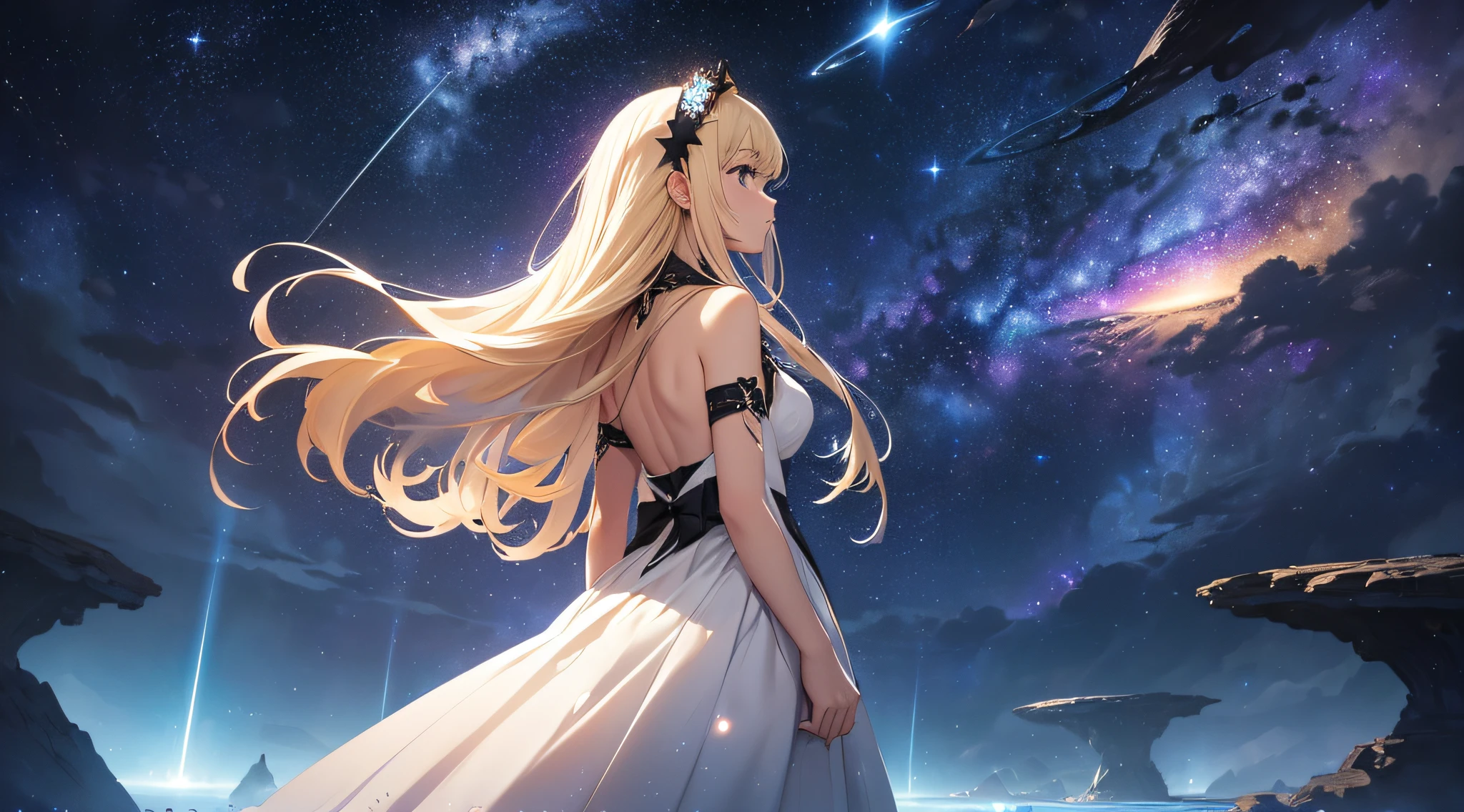 masterpiece、Background with((Fantastic starry sky、meteors、black hole))、Depth((Luminous Planets))、Looking up 、a beauty girl、White dress、Rear view、Blonde Long、heavy wind、Surrounded by fantastic glowing stars