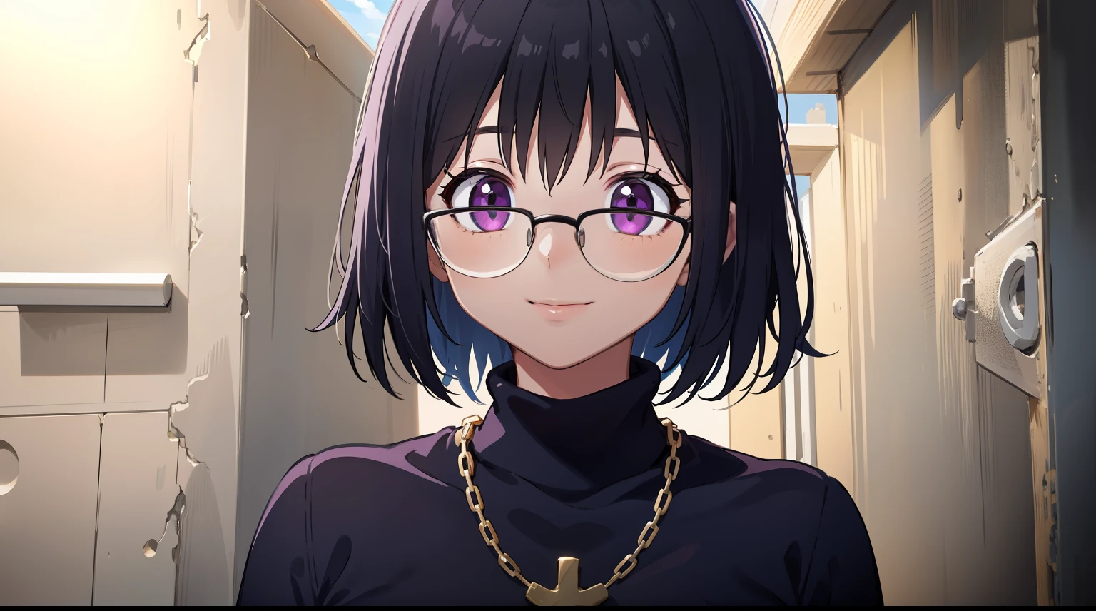 1girl, (masterpiece:1.3), (high resolution), (8K), (extremely detailed), (4k), (pixiv), perfect face, nice eyes and face, (best quality), (super detailed), detailed face and eyes, (solo), textured skin, absurdres, highres, shizukuwz, glasses, pants, jeans, black hair, short hair, (diamond necklace:1.0), long sleeves, turtleneck, black sweater, purple eyes, inverted cross, pov, selfie, smile, nature, city, sunlight,