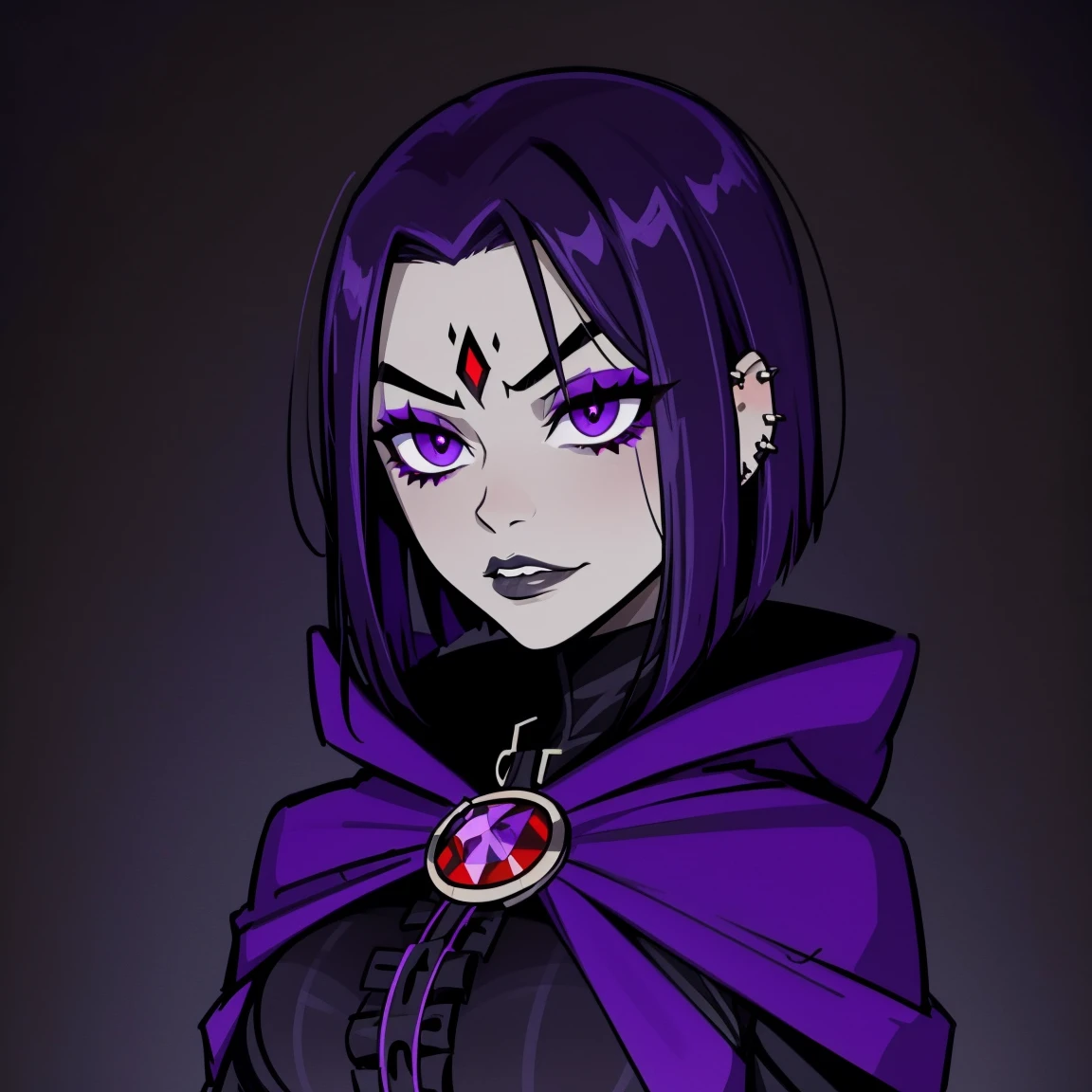 illustration of Raven from DC Comics, 1 girl, photo by full body, showing the whole body, Raven, sensuous, delicious, high collar, collant preto, black cloack, hooded cloak, cabelo roxo, testa jeauel, purples eyes, shorth hair, waist belt, stretched skin, standing, neckleace, toned, pose, natta , moonlights, ((posando)), motion lines, trunk, trunk, portraite, b&au. contour, no anime taro card art style, chic, glamorous, reflection, Glow Up, shadowing, pantyhose 40 dinier, mic