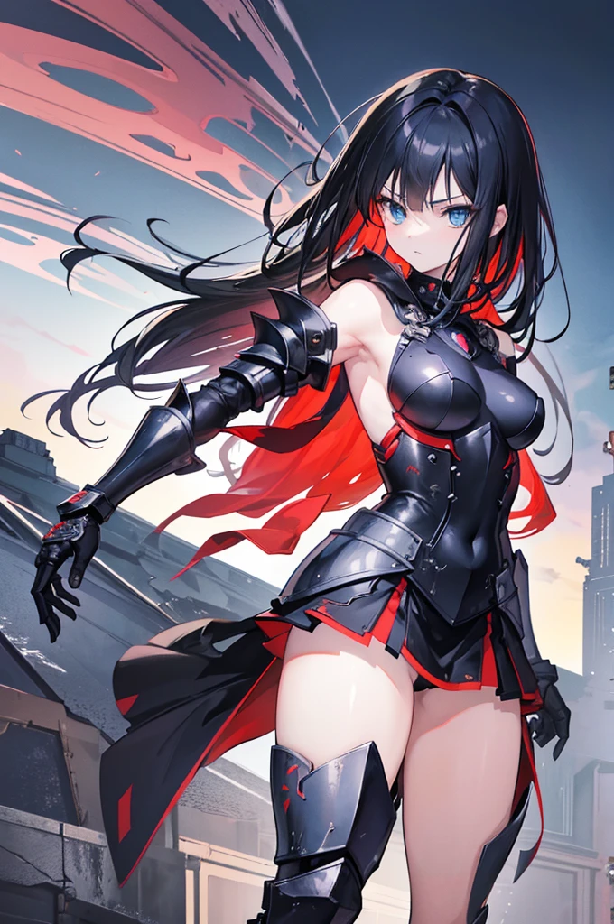 full-body view, (masutepiece, Best Quality), (Dramatic), gritty, Formidable, Anime Character, dynamic fighting pose, 1girl only, Black hair, (Hairstyle: shackled), (80% Wearing futuristic armor), Armored gauntlets, At 50% Miniskirt, High heel knee high boots, The fringe covers the left eye, Closed fist, Beautiful and symmetrical face, Beautiful bright blue eyes, Vibrant colors, Night, highest quality digital art, unparalleled masterpiece ever, Dynamic lighting, epicd, Cowboy Shot, (Intricate details), Canon EOS R50 Camera and Canon R50 RF-S 50mm IS STM Lens