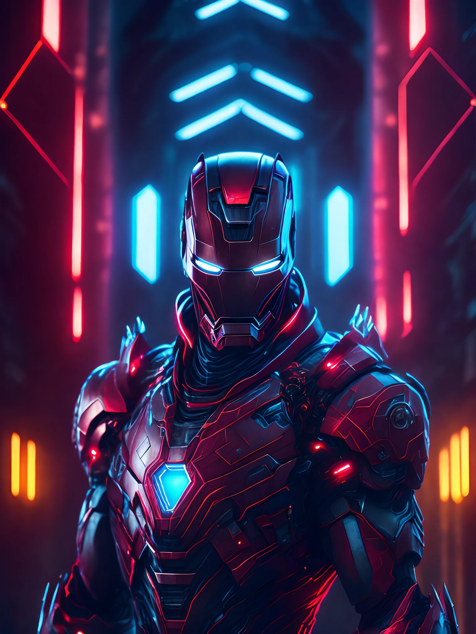 Grim portrait of Marvel's Iron Man with intricate angular cybernetic implants inside a brutalist building, Gothic brutalist cathedral, Cyberpunk, foto premiada, Bokeh, neon lights, cybernetic limb