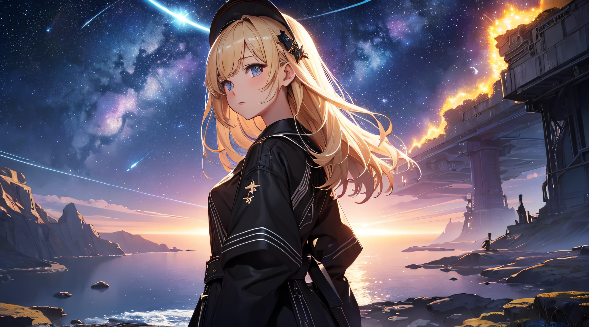 masterpiece、Background with((Fantastic starry sky、meteors、black hole))、Depth((Luminous Planets))、Looking up 、a beauty girl、校服、Rear view、Blonde Long、heavy wind、