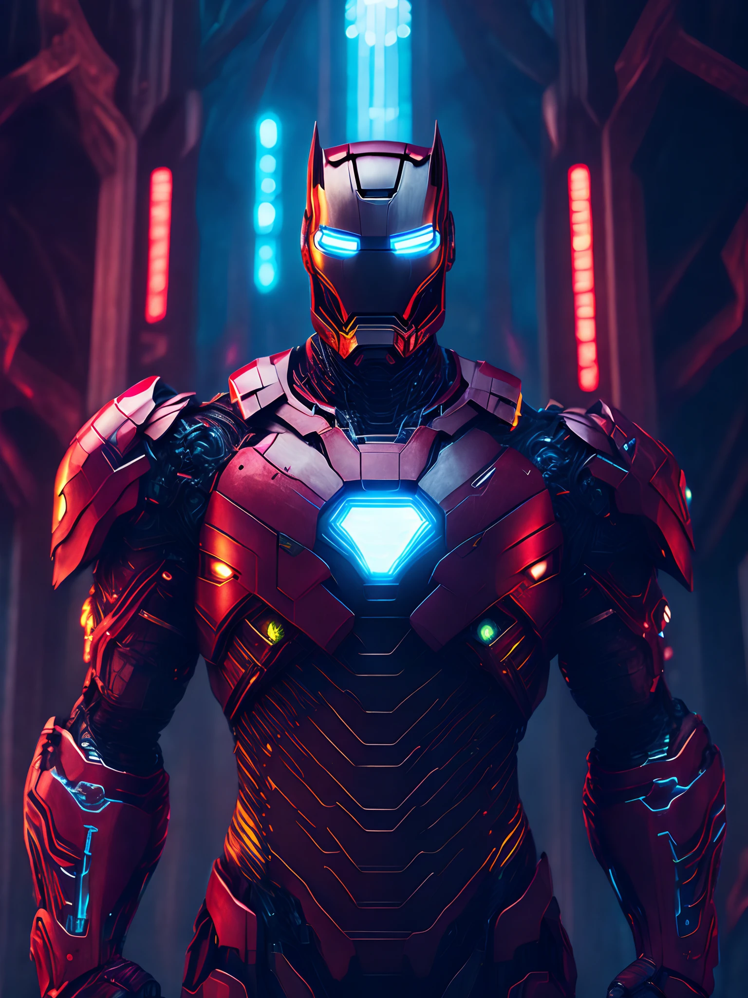 Grim portrait of Marvel's Iron Man with intricate angular cybernetic implants inside a brutalist building, Gothic brutalist cathedral, Cyberpunk, foto premiada, Bokeh, neon lights, cybernetic limb