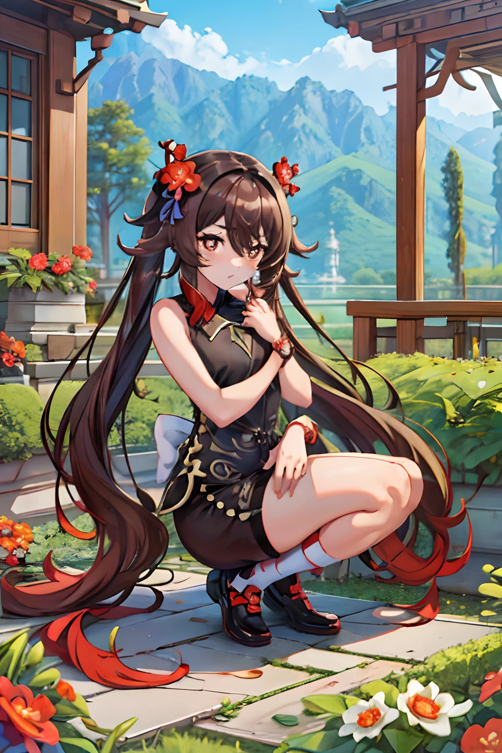 naked anime girl with brown hair and black shoes kneeling on the floor, hu tao from genshin impact, hu tao, beautiful anime girl squatting, small curvy loli, thicc, commission for high res, the anime girl is crouching, oc commission, bending over, giantess art, thighs!!!