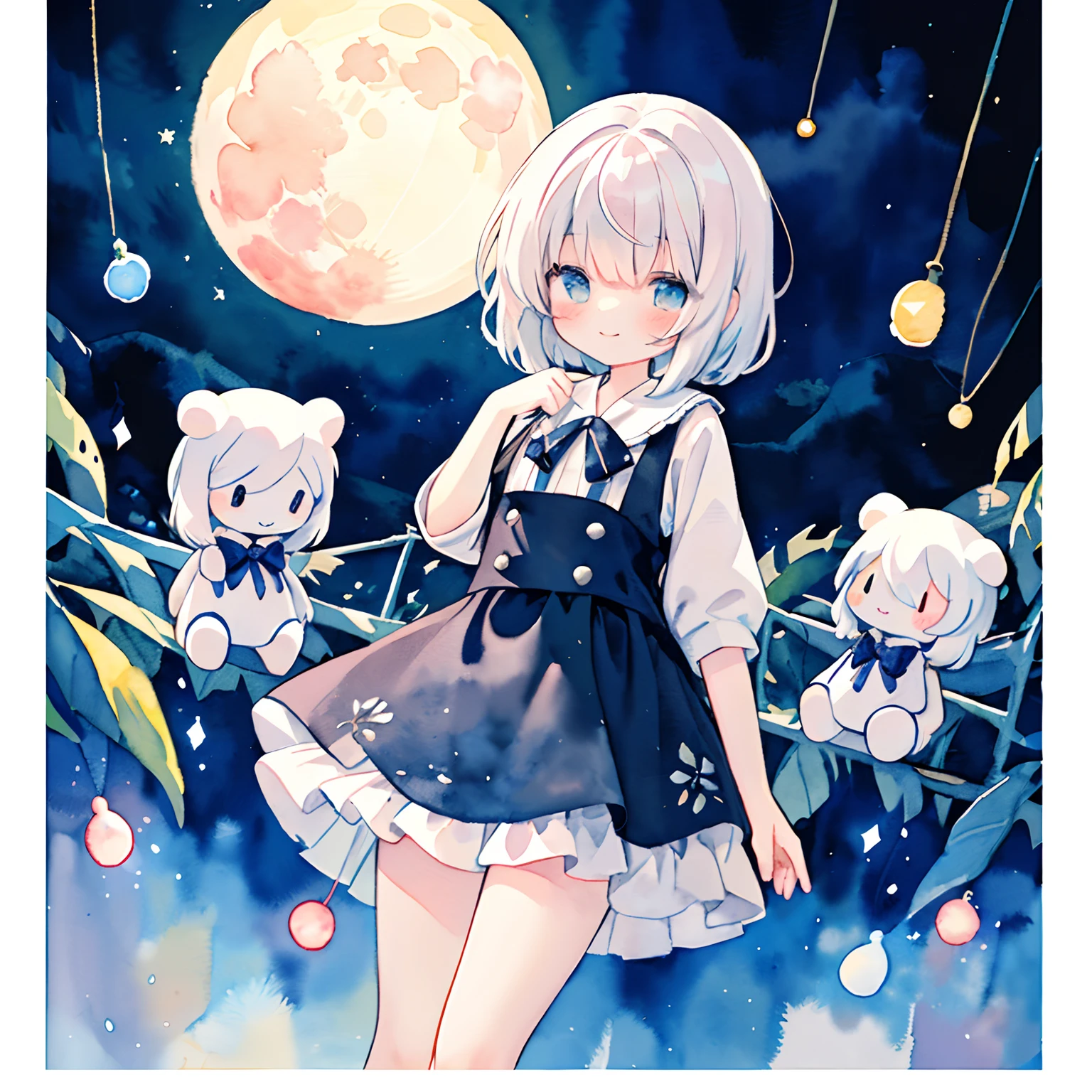 Marionette girl floating in the night sky、Puppet Strings：1.5, Secrets and Full Moon Drops. In the style of watercolor and dark colors、Create a mysterious and melancholic atmosphere、(PastelColors:1.2)、(Cute illustration:1.2)、(watercolor paiting:1.2）、A smile
